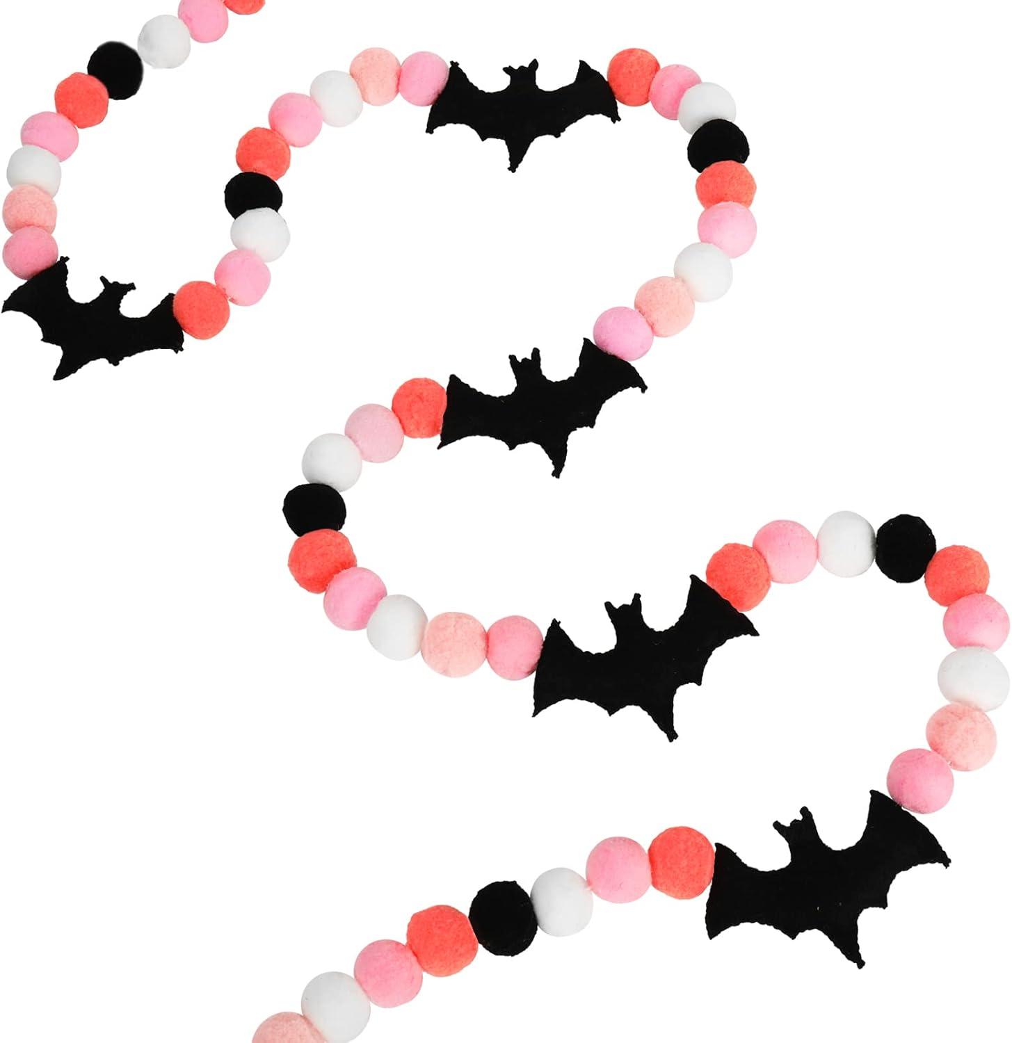 imageWhaline 82Ft Halloween Banner Felt Bats Balls Banner Black White Pink Decorative Pom Pom Banner Halloween Party Pom Garland for Halloween Haunted Houses Decoration Doorways Home Mantel Supplies