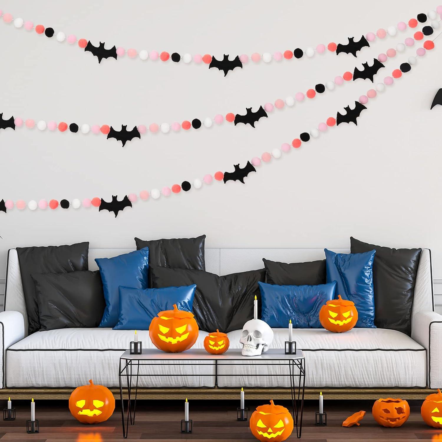 imageWhaline 82Ft Halloween Banner Felt Bats Balls Banner Black White Pink Decorative Pom Pom Banner Halloween Party Pom Garland for Halloween Haunted Houses Decoration Doorways Home Mantel Supplies