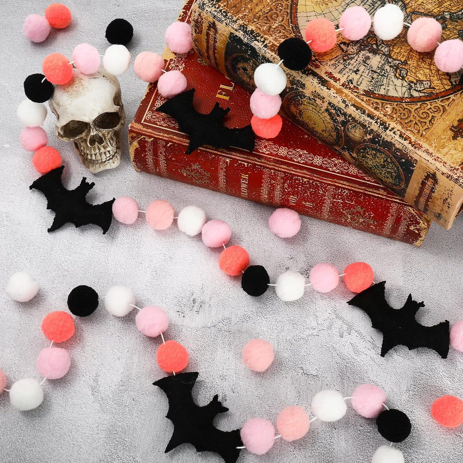 imageWhaline 82Ft Halloween Banner Felt Bats Balls Banner Black White Pink Decorative Pom Pom Banner Halloween Party Pom Garland for Halloween Haunted Houses Decoration Doorways Home Mantel Supplies