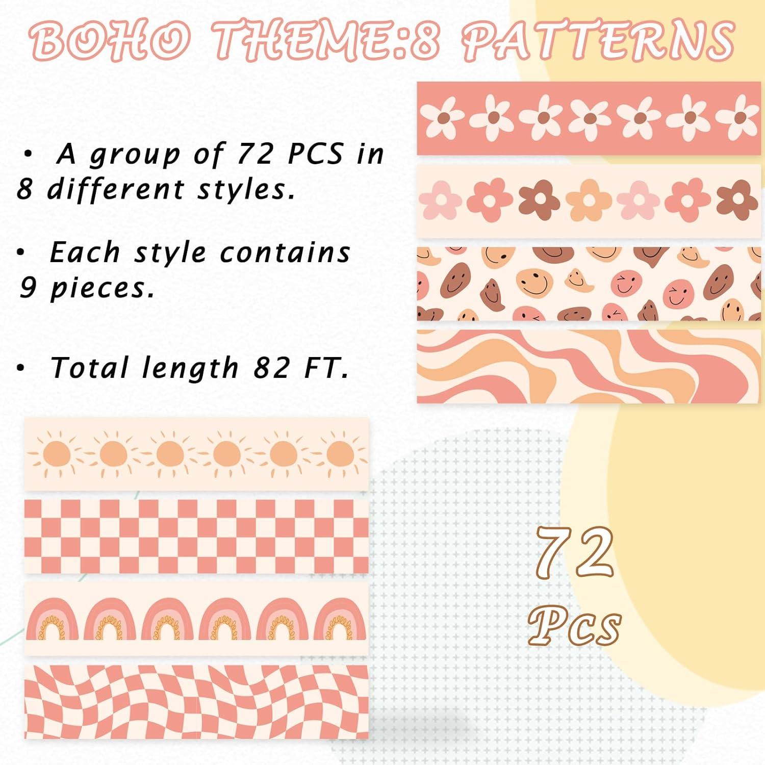 imageWhaline 82Ft Retro Groovy 70s Bulletin Board Borders Boho Flower Face Sun Rainbow Checkered Decoration Trim Border Pink Orange Boho Bulletin Board Stickers for School Classroom Office Party DecorChocolate Color