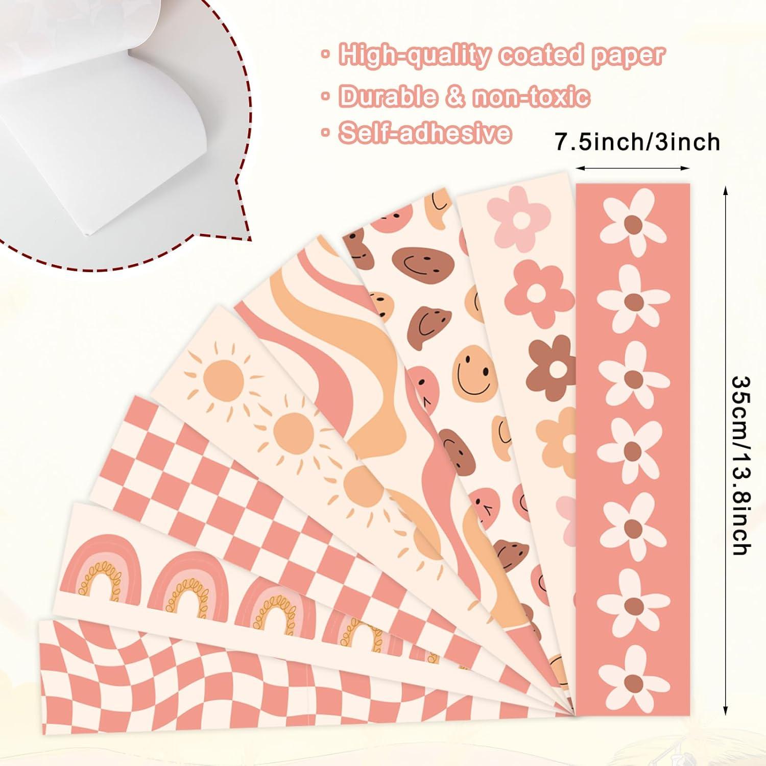 imageWhaline 82Ft Retro Groovy 70s Bulletin Board Borders Boho Flower Face Sun Rainbow Checkered Decoration Trim Border Pink Orange Boho Bulletin Board Stickers for School Classroom Office Party DecorChocolate Color