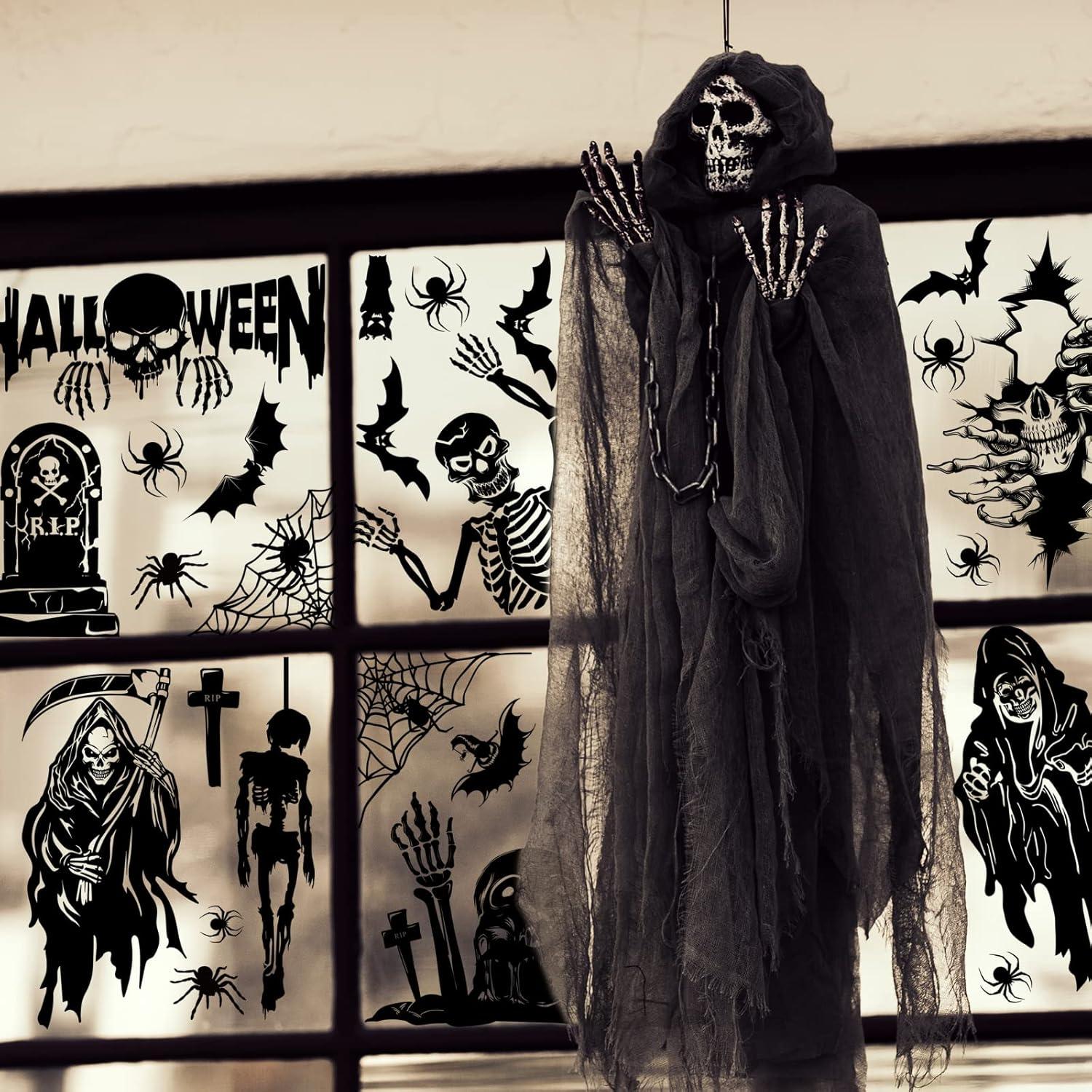 imageWhaline 9 Sheet Halloween Scary Skeleton Window Clings Ghost Bat Spider Tombstone Window Silhouette Decor DoubleSided Black Windows Decals for Halloween Home School Office Decoration Party Supplies