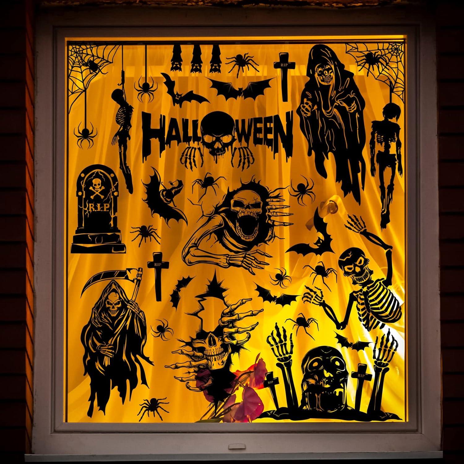imageWhaline 9 Sheet Halloween Scary Skeleton Window Clings Ghost Bat Spider Tombstone Window Silhouette Decor DoubleSided Black Windows Decals for Halloween Home School Office Decoration Party Supplies