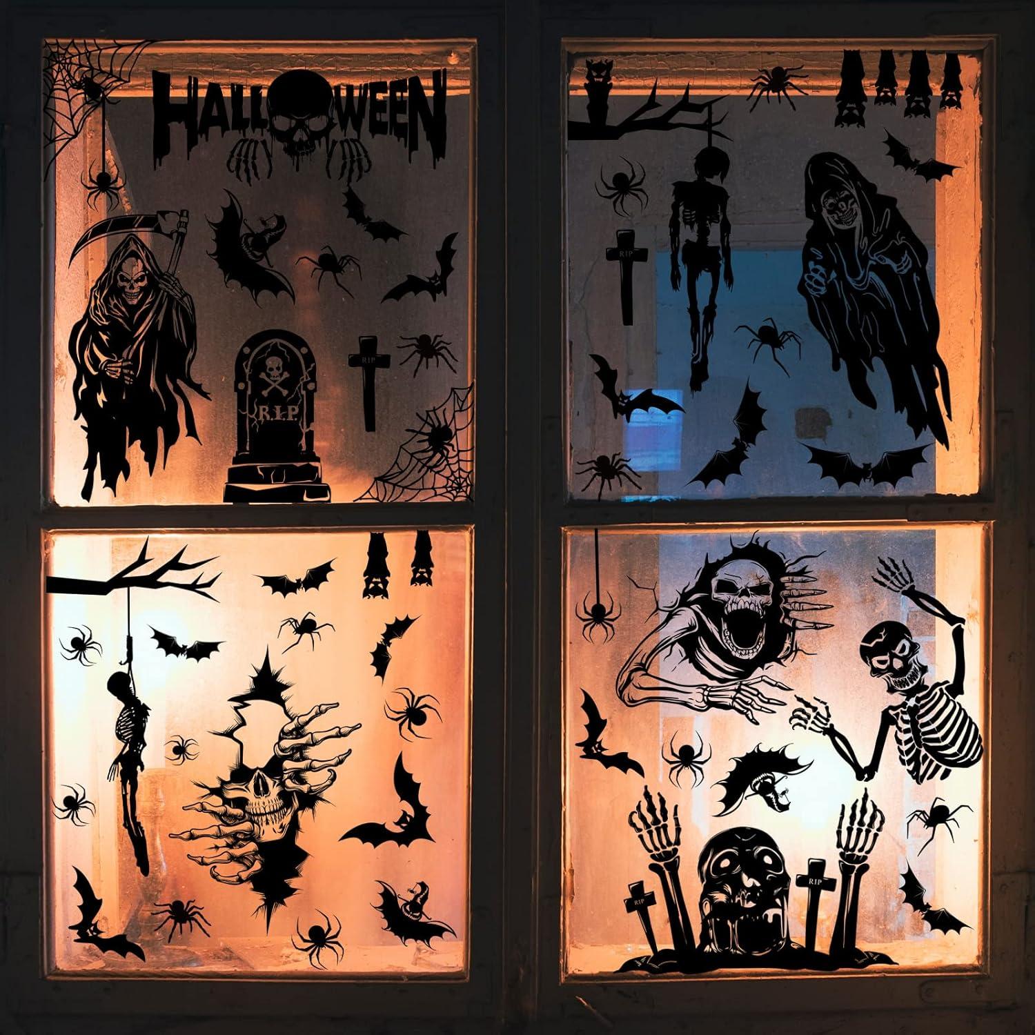 imageWhaline 9 Sheet Halloween Scary Skeleton Window Clings Ghost Bat Spider Tombstone Window Silhouette Decor DoubleSided Black Windows Decals for Halloween Home School Office Decoration Party Supplies