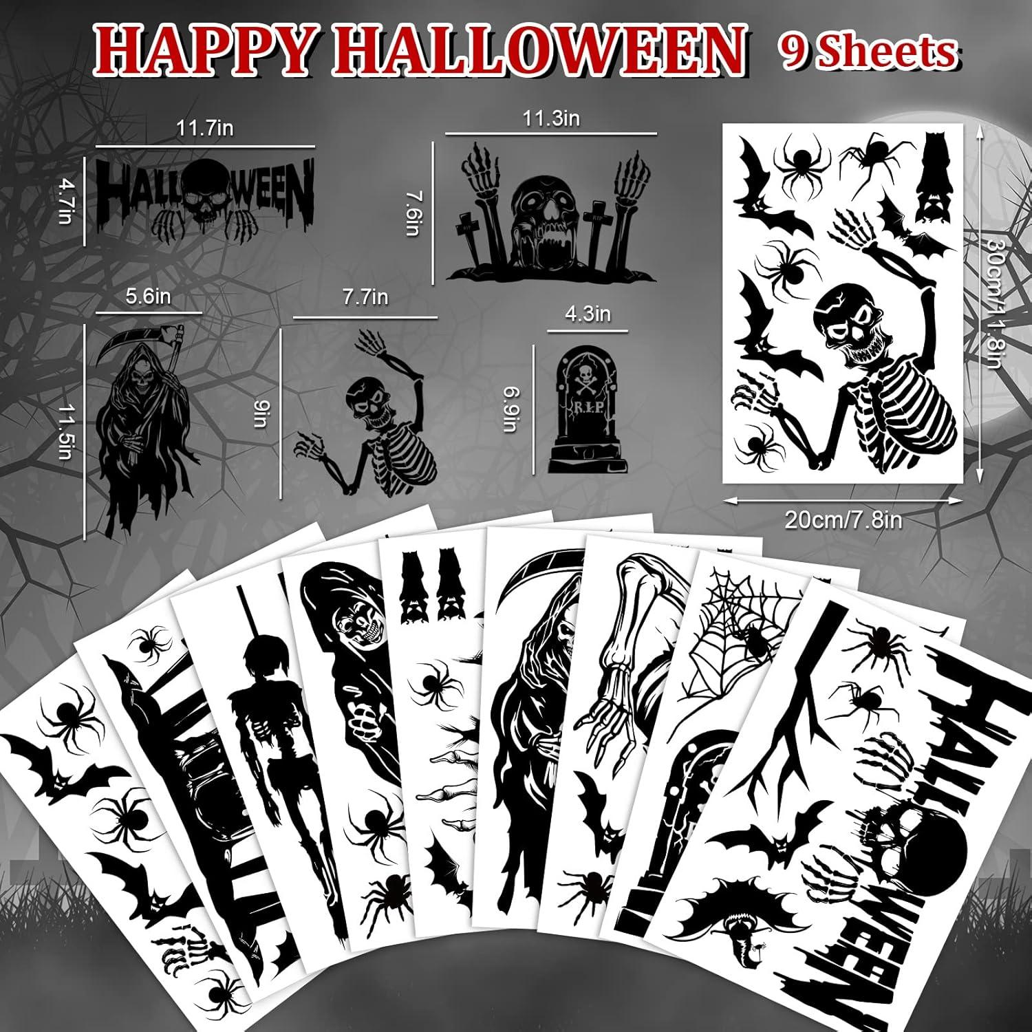 imageWhaline 9 Sheet Halloween Scary Skeleton Window Clings Ghost Bat Spider Tombstone Window Silhouette Decor DoubleSided Black Windows Decals for Halloween Home School Office Decoration Party Supplies
