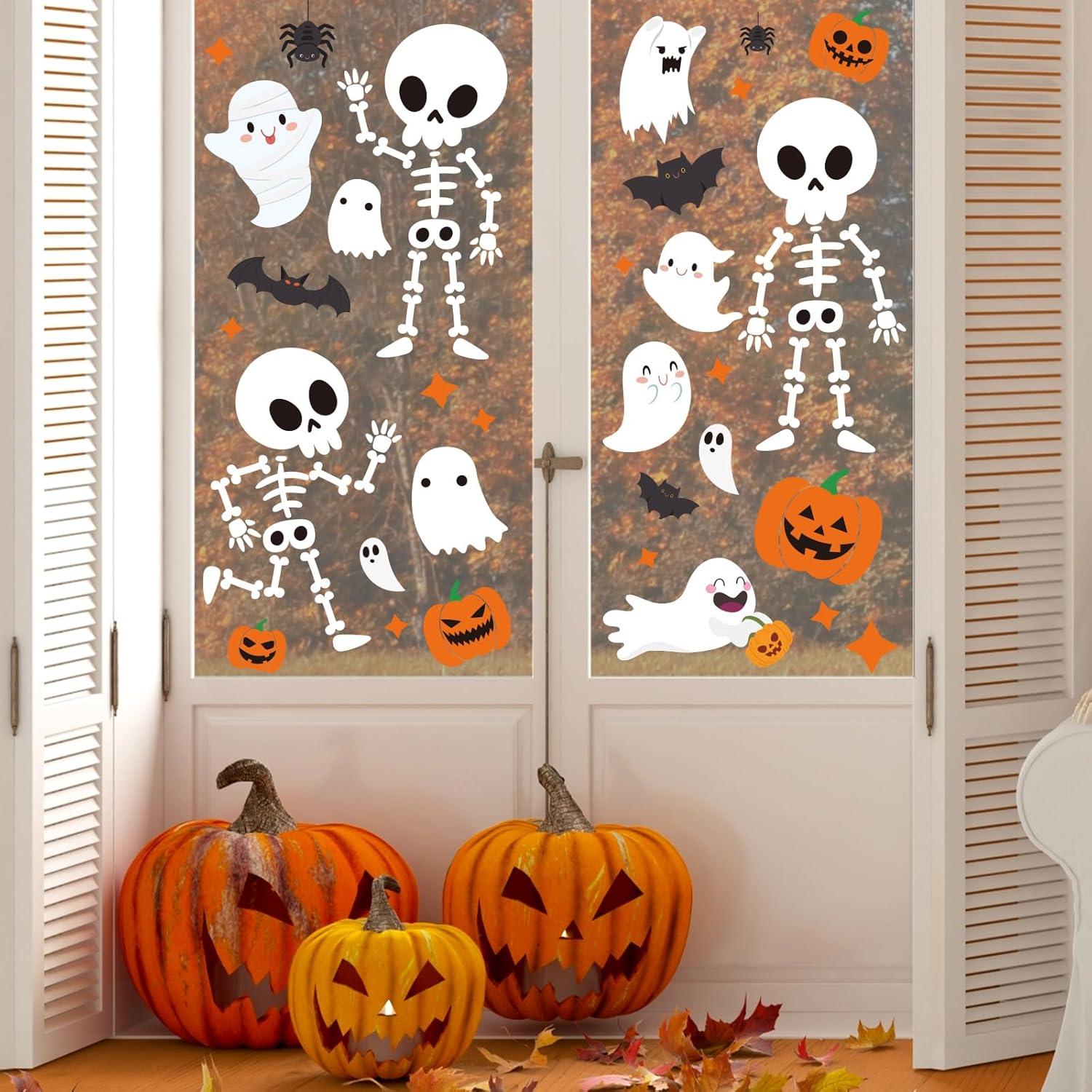 imageWhaline 9 Sheet Halloween Window Clings Cute Cartoon Ghost Pumpkin Skeleton Reusable Window Decals for Home Classroom Office Haunted Party DecorHalloween