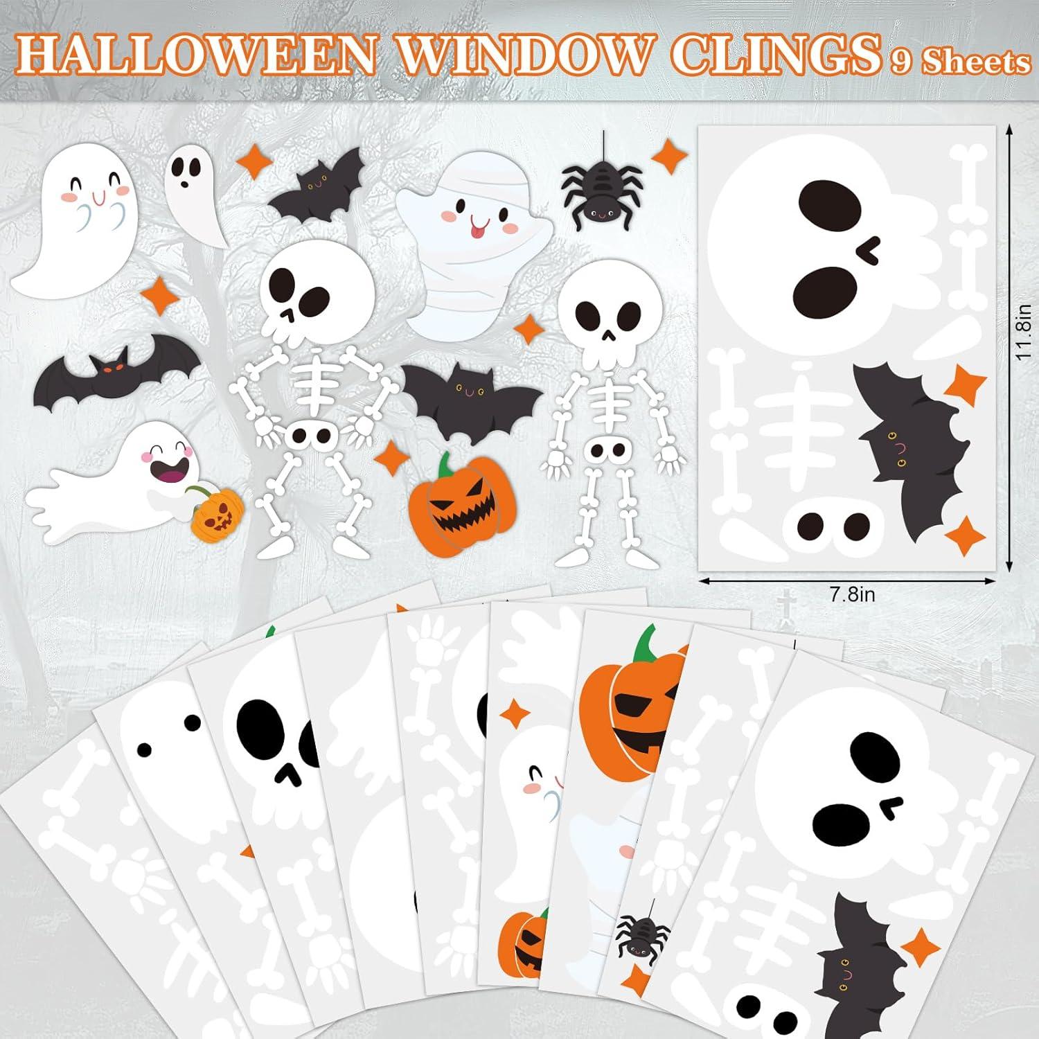 imageWhaline 9 Sheet Halloween Window Clings Cute Cartoon Ghost Pumpkin Skeleton Reusable Window Decals for Home Classroom Office Haunted Party DecorHalloween