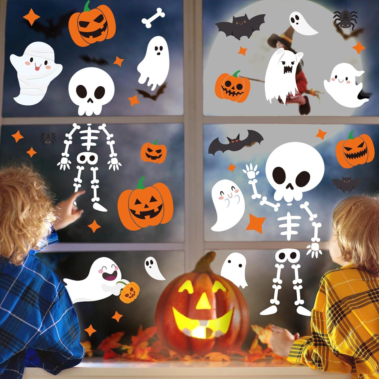 imageWhaline 9 Sheet Halloween Window Clings Cute Cartoon Ghost Pumpkin Skeleton Reusable Window Decals for Home Classroom Office Haunted Party DecorHalloween