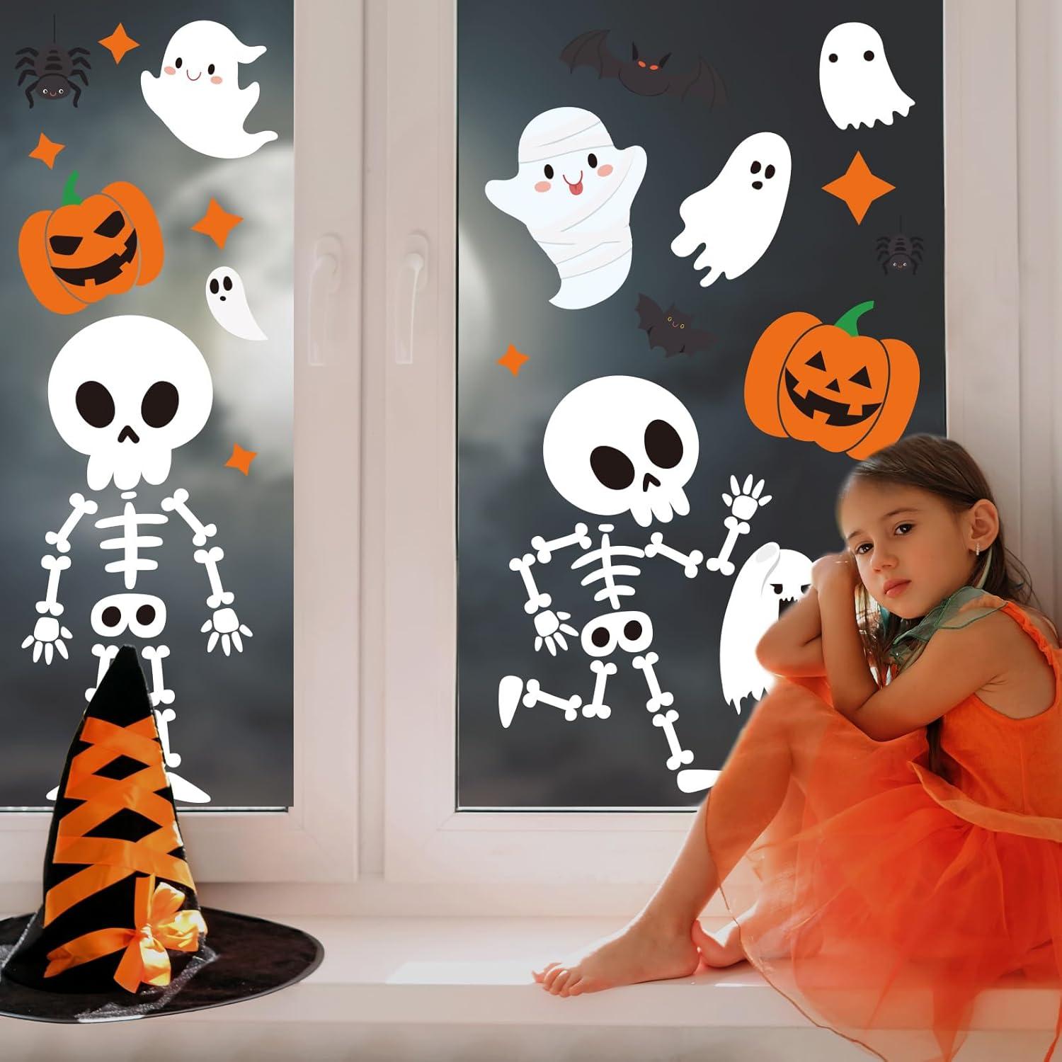imageWhaline 9 Sheet Halloween Window Clings Cute Cartoon Ghost Pumpkin Skeleton Reusable Window Decals for Home Classroom Office Haunted Party DecorHalloween