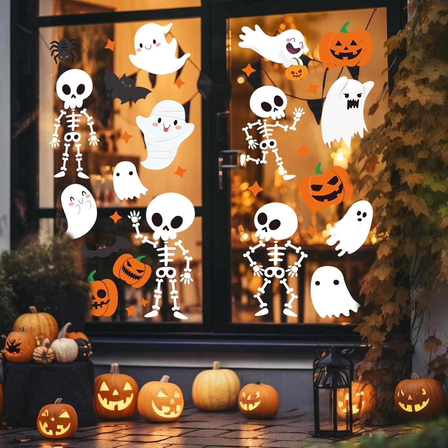 imageWhaline 9 Sheet Halloween Window Clings Cute Cartoon Ghost Pumpkin Skeleton Reusable Window Decals for Home Classroom Office Haunted Party DecorHalloween