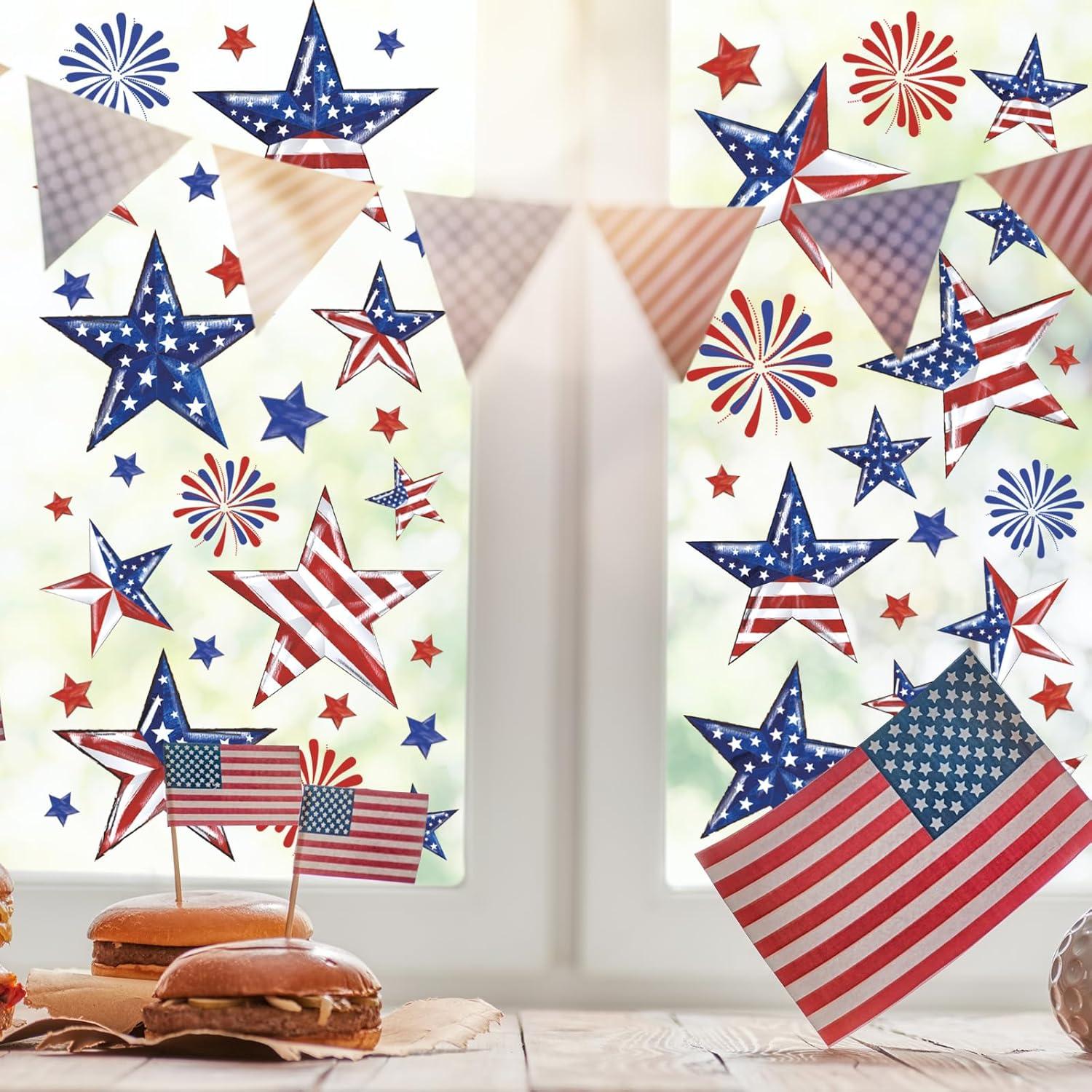 imageWhaline 9 Sheet Halloween Window Clings Cute Cartoon Ghost Pumpkin Skeleton Reusable Window Decals for Home Classroom Office Haunted Party DecorIndependence Day Theme