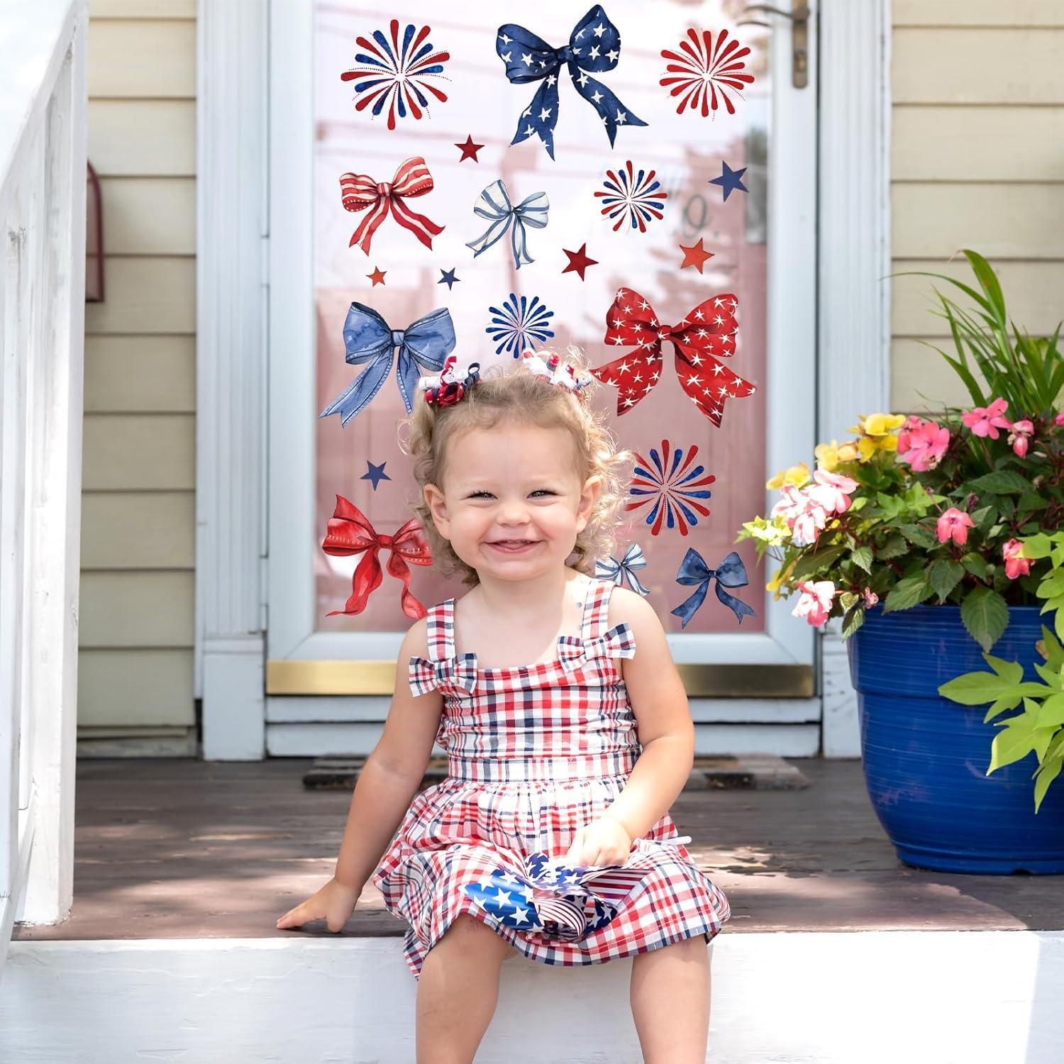 imageWhaline 9 Sheet Halloween Window Clings Cute Cartoon Ghost Pumpkin Skeleton Reusable Window Decals for Home Classroom Office Haunted Party DecorPatriotic Bow