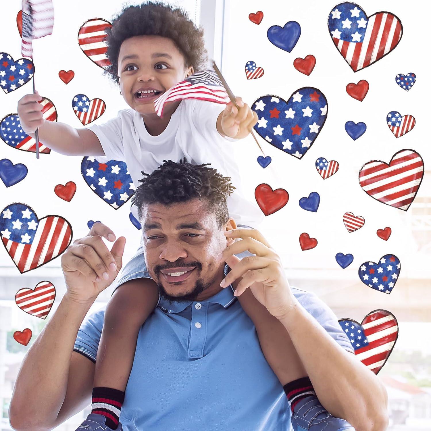 imageWhaline 9 Sheet Halloween Window Clings Cute Cartoon Ghost Pumpkin Skeleton Reusable Window Decals for Home Classroom Office Haunted Party DecorPatriotic Stars Heart