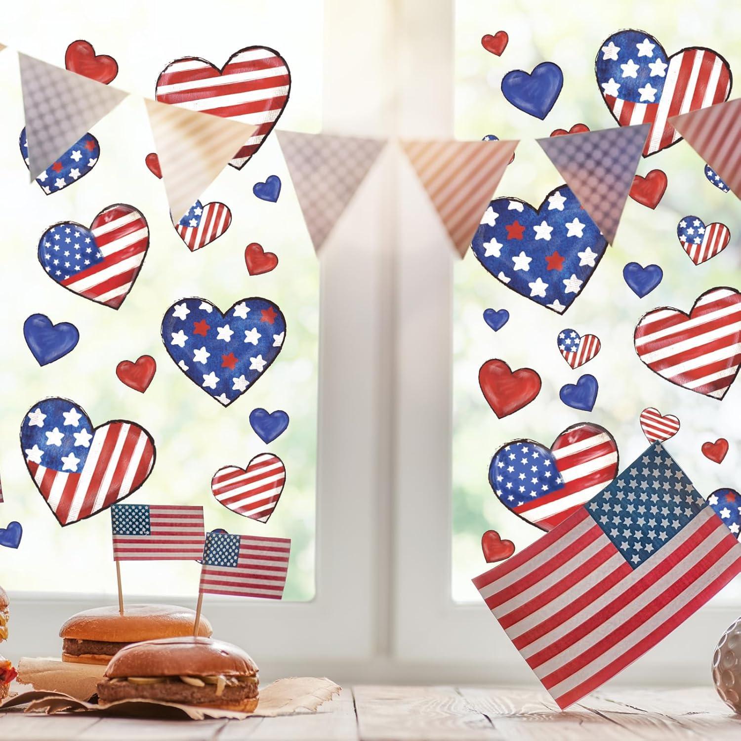 imageWhaline 9 Sheet Halloween Window Clings Cute Cartoon Ghost Pumpkin Skeleton Reusable Window Decals for Home Classroom Office Haunted Party DecorPatriotic Stars Heart