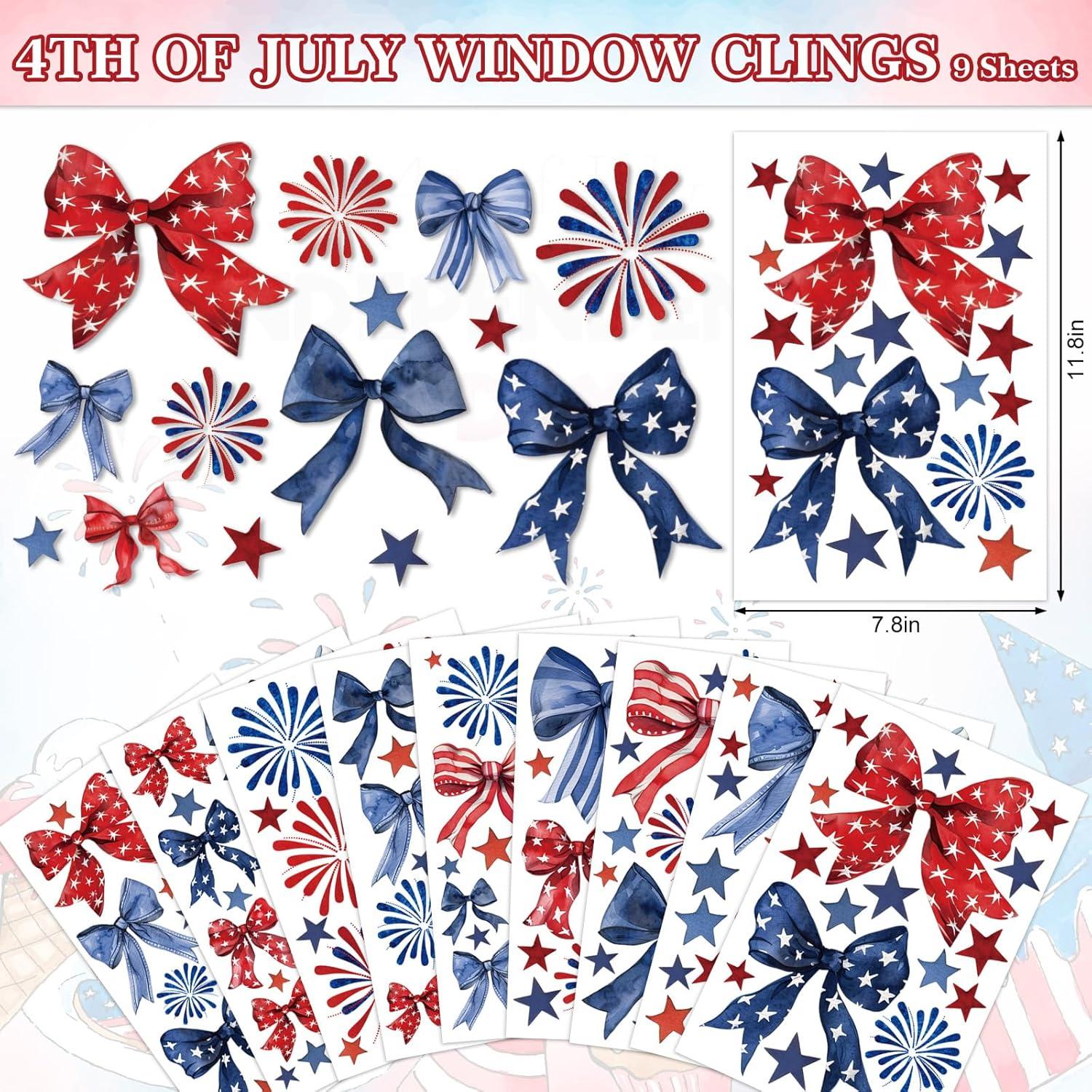 imageWhaline 9 Sheet Halloween Window Clings Cute Cartoon Ghost Pumpkin Skeleton Reusable Window Decals for Home Classroom Office Haunted Party DecorPatriotic Bow