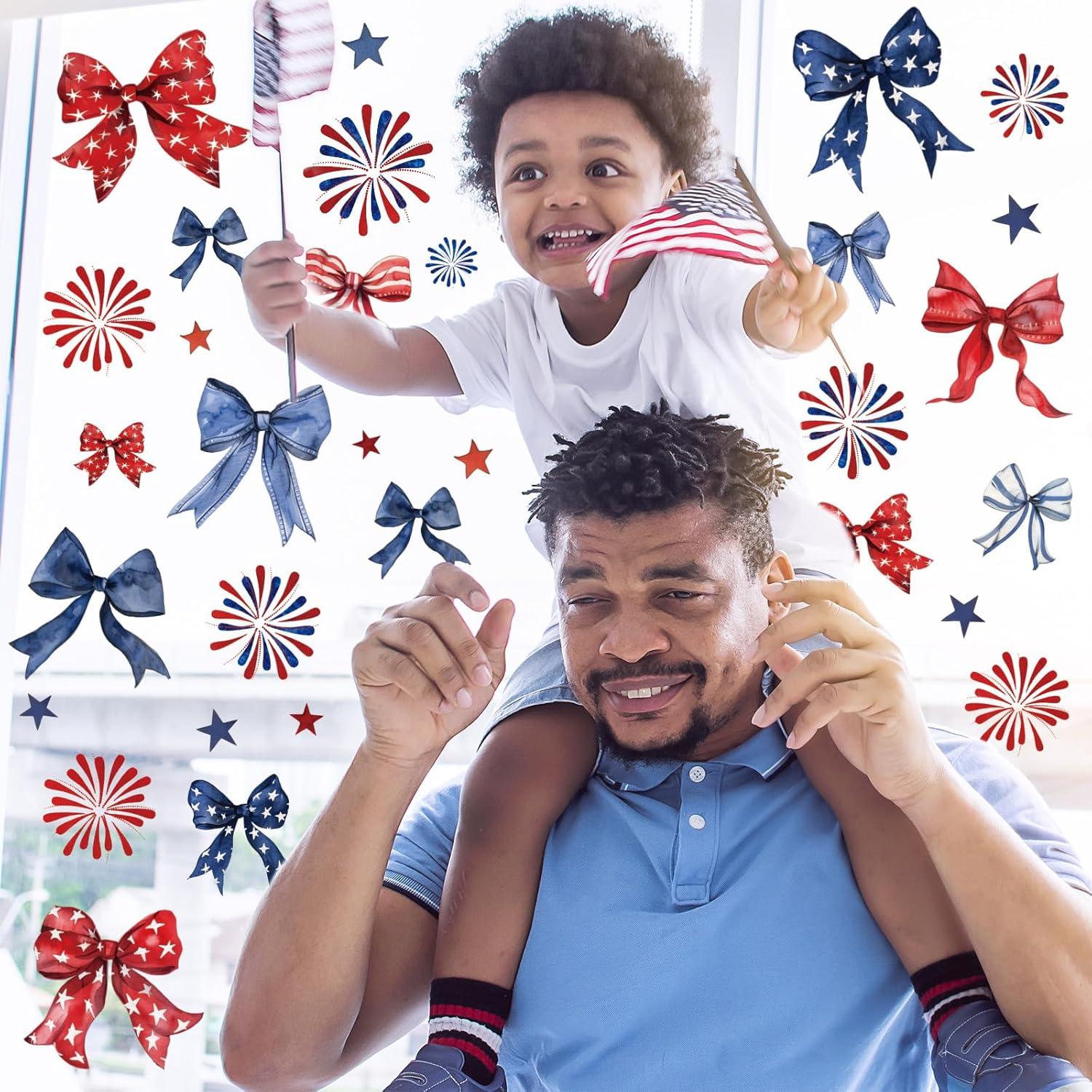 imageWhaline 9 Sheet Halloween Window Clings Cute Cartoon Ghost Pumpkin Skeleton Reusable Window Decals for Home Classroom Office Haunted Party DecorPatriotic Bow