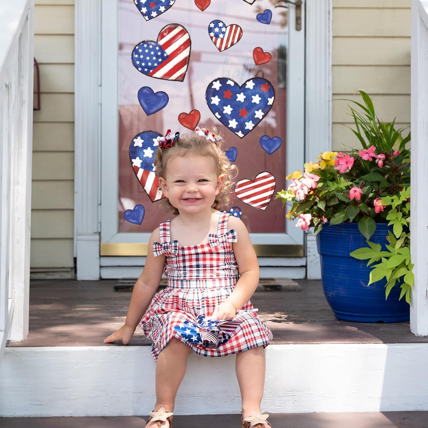 imageWhaline 9 Sheet Halloween Window Clings Cute Cartoon Ghost Pumpkin Skeleton Reusable Window Decals for Home Classroom Office Haunted Party DecorPatriotic Stars Heart