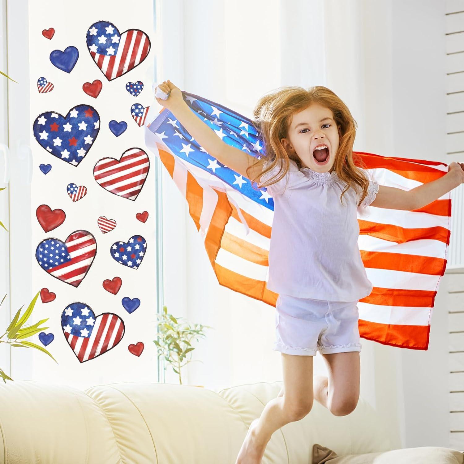 imageWhaline 9 Sheet Halloween Window Clings Cute Cartoon Ghost Pumpkin Skeleton Reusable Window Decals for Home Classroom Office Haunted Party DecorPatriotic Stars Heart