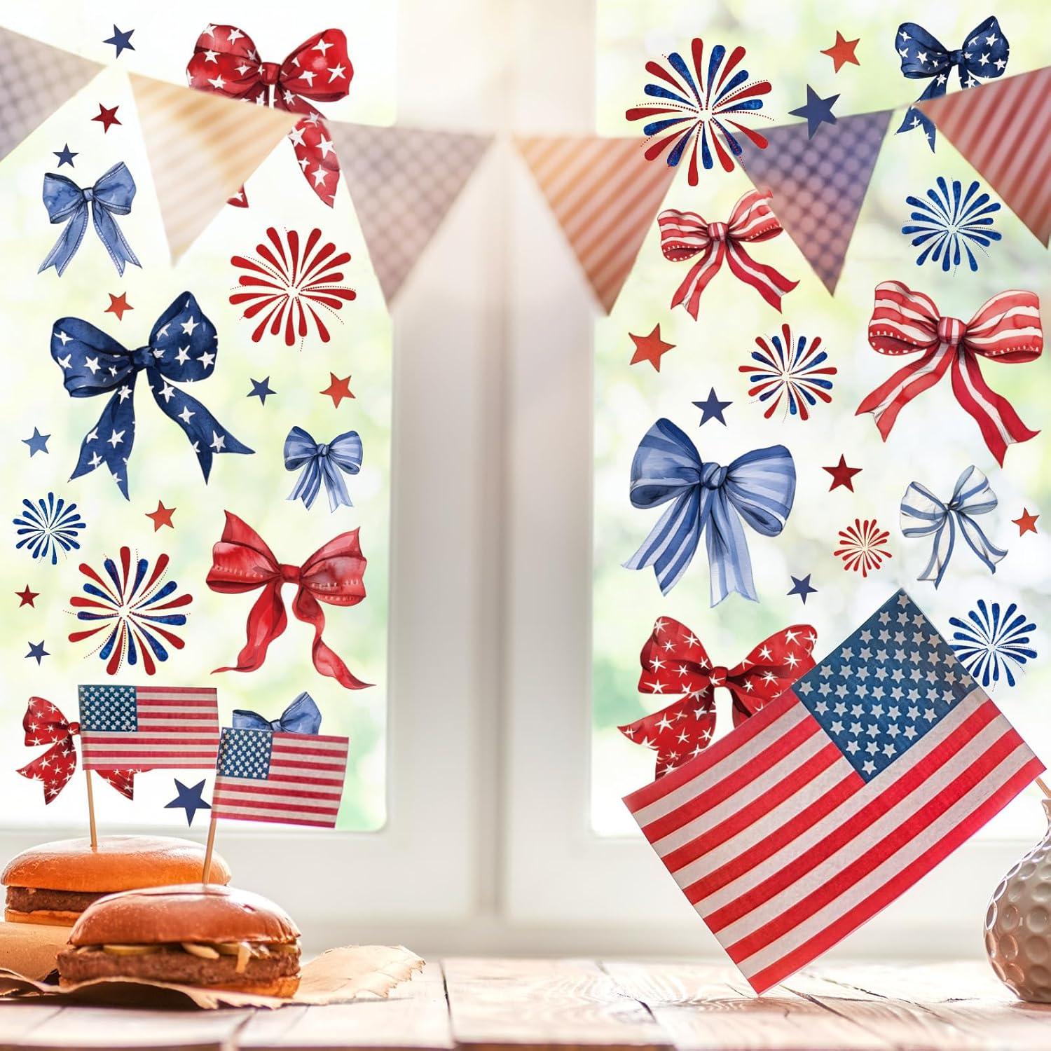 imageWhaline 9 Sheet Halloween Window Clings Cute Cartoon Ghost Pumpkin Skeleton Reusable Window Decals for Home Classroom Office Haunted Party DecorPatriotic Bow