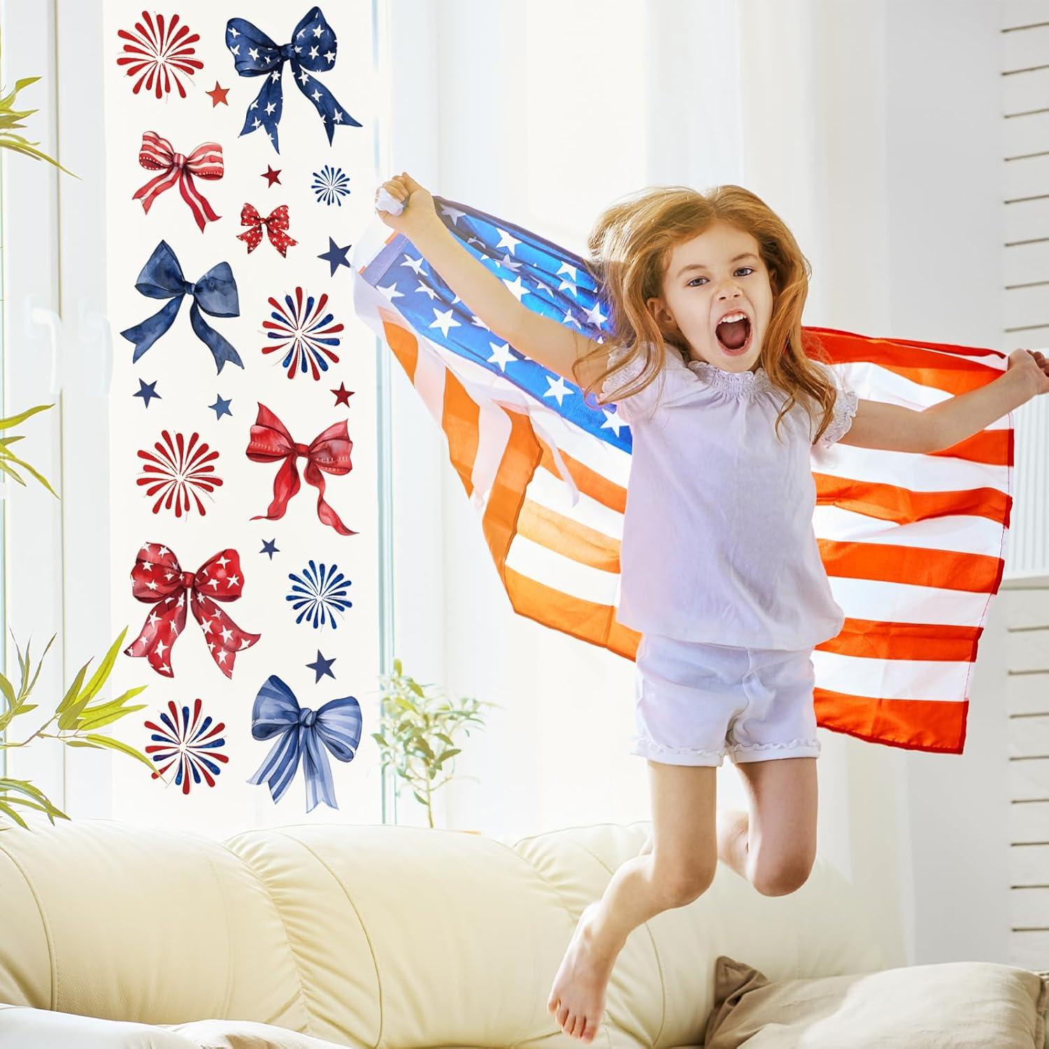 imageWhaline 9 Sheet Halloween Window Clings Cute Cartoon Ghost Pumpkin Skeleton Reusable Window Decals for Home Classroom Office Haunted Party DecorPatriotic Bow