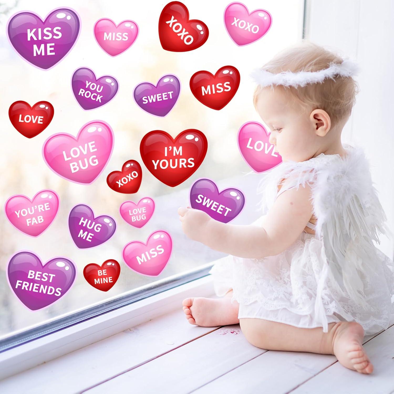 imageWhaline 9 Sheet Halloween Window Clings Cute Cartoon Ghost Pumpkin Skeleton Reusable Window Decals for Home Classroom Office Haunted Party DecorPink Purple Heart