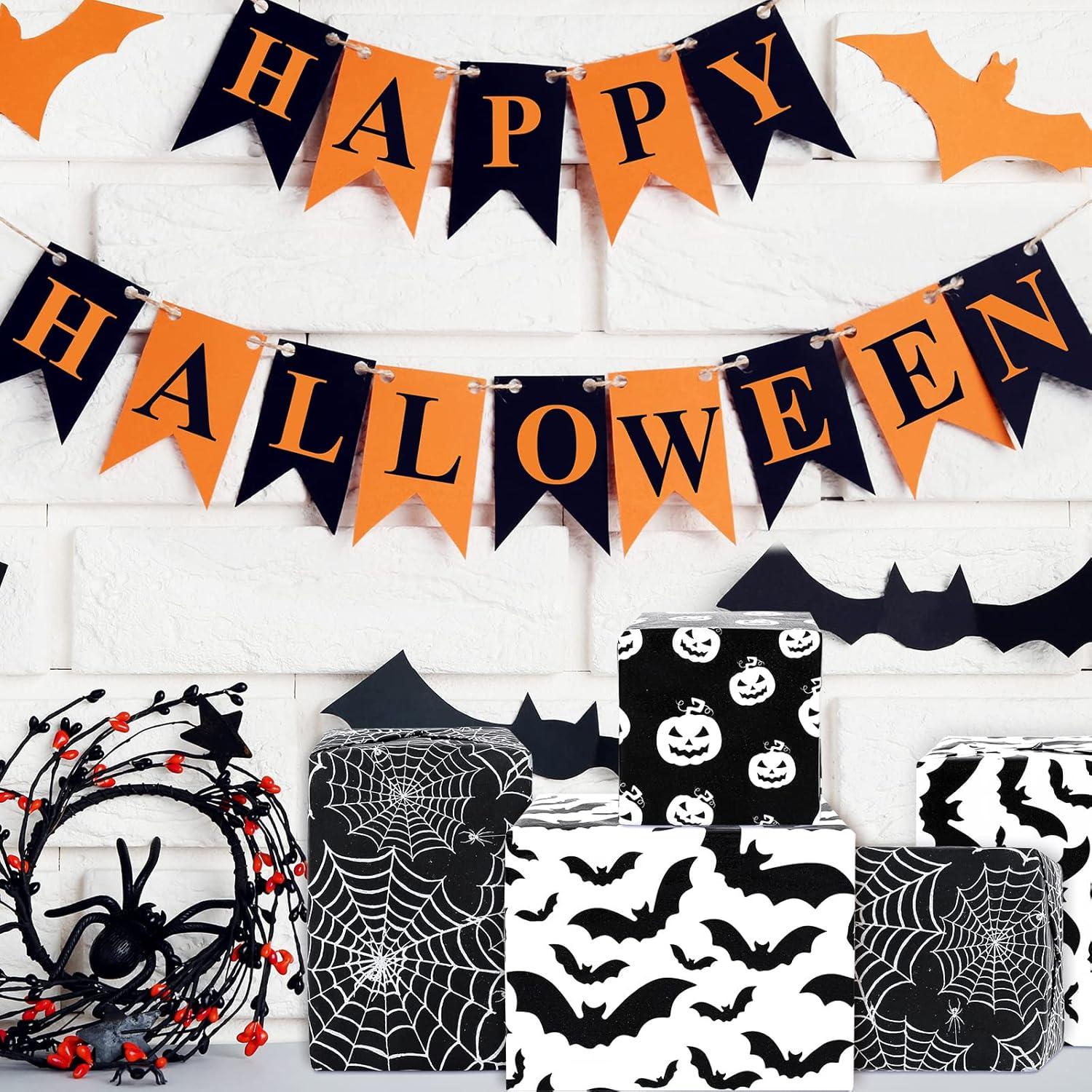 imageWhaline 90 Sheet Halloween Tissue Paper Black White Pumpkin Cobweb Bat Gift Wrap Tissue 197 x 138 Inch Scary Horror Decorative Wrapping Paper for Halloween Party DIY Craft Packing