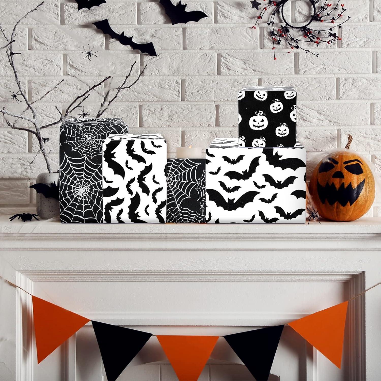 imageWhaline 90 Sheet Halloween Tissue Paper Black White Pumpkin Cobweb Bat Gift Wrap Tissue 197 x 138 Inch Scary Horror Decorative Wrapping Paper for Halloween Party DIY Craft Packing