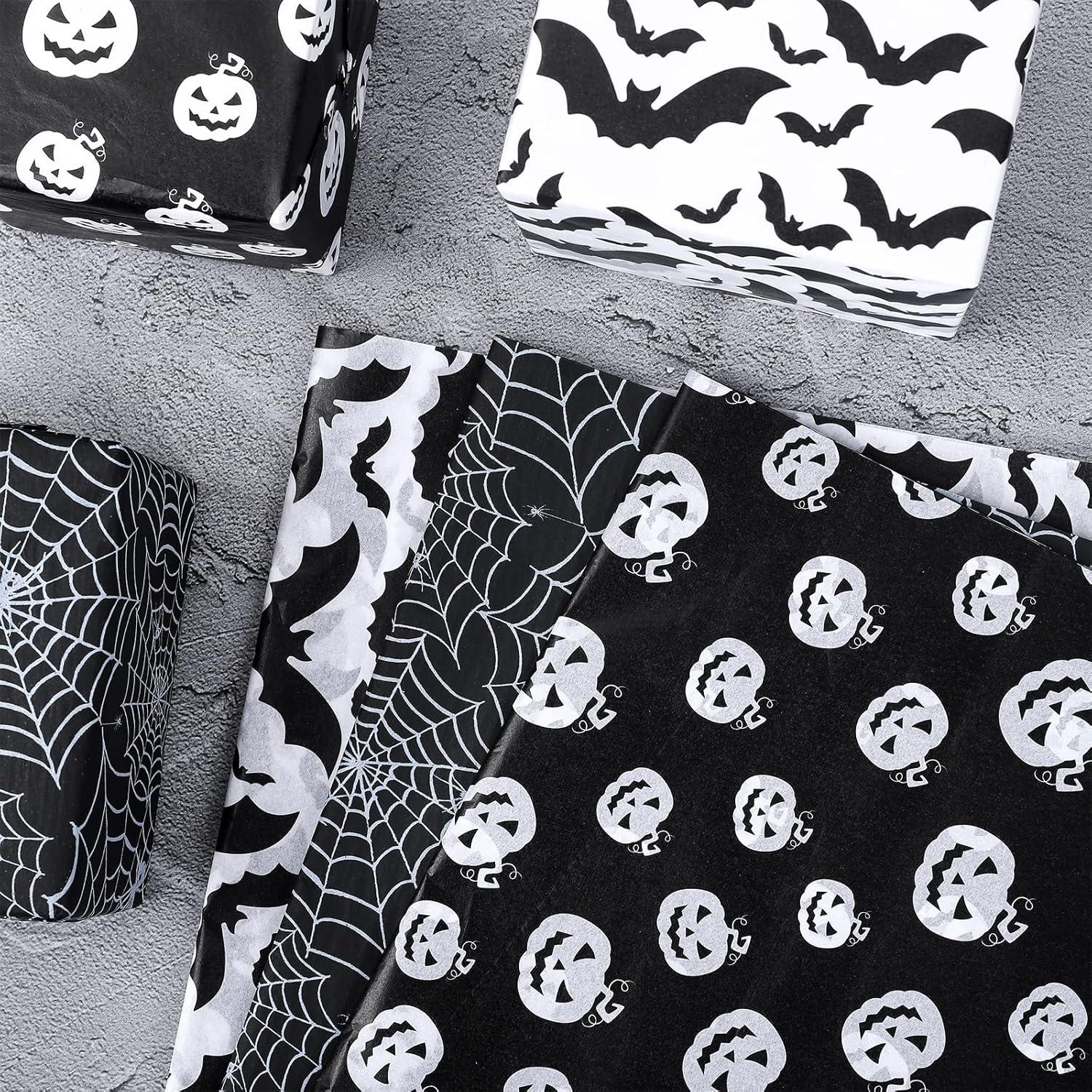 imageWhaline 90 Sheet Halloween Tissue Paper Black White Pumpkin Cobweb Bat Gift Wrap Tissue 197 x 138 Inch Scary Horror Decorative Wrapping Paper for Halloween Party DIY Craft Packing