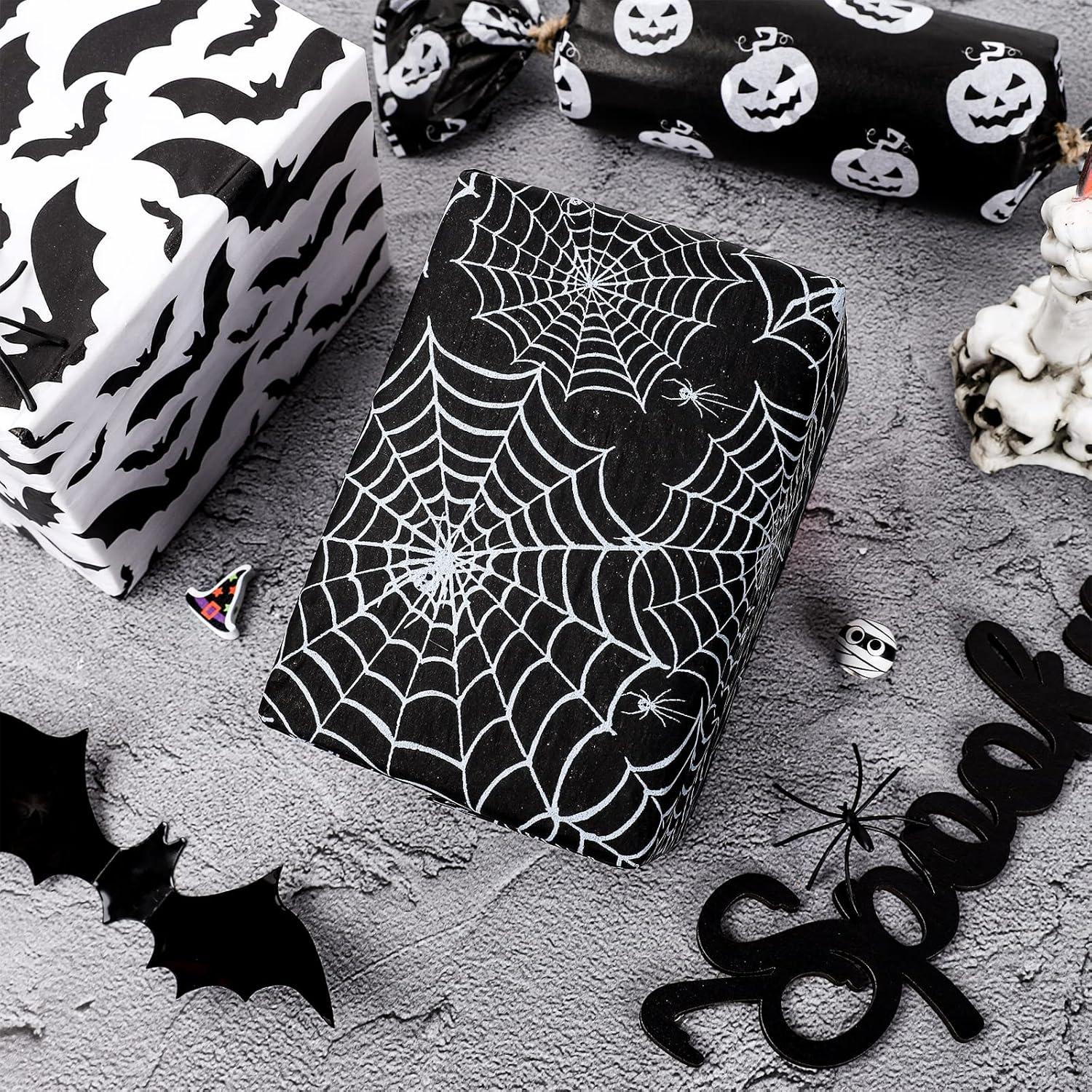 imageWhaline 90 Sheet Halloween Tissue Paper Black White Pumpkin Cobweb Bat Gift Wrap Tissue 197 x 138 Inch Scary Horror Decorative Wrapping Paper for Halloween Party DIY Craft Packing