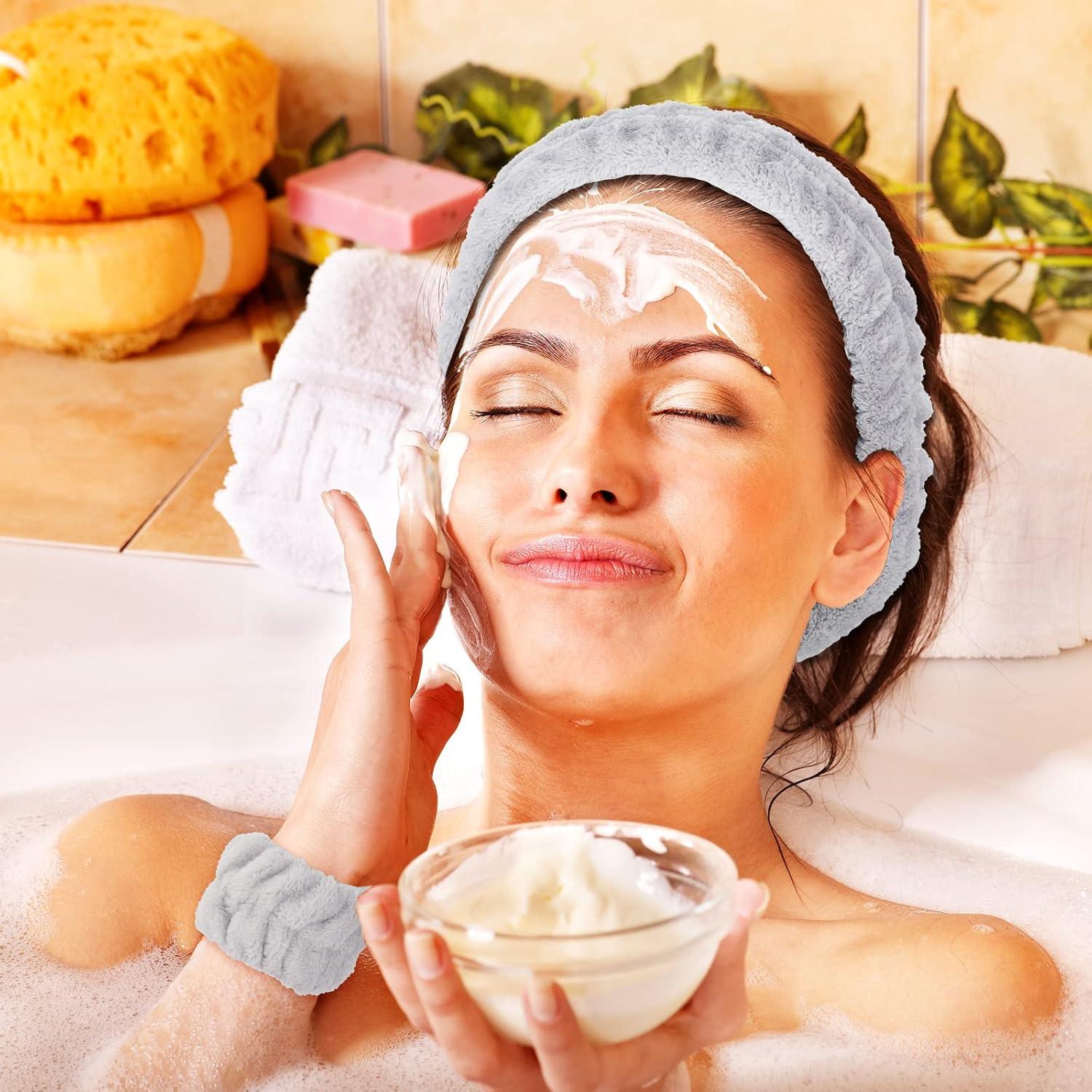 imageWhaline 9Pcs Washing Face Headband and Wrist Washband Set White Grey Black Makeup Headbands Soft Spa Headband Stretchy Head Wrap for Girls Women Yoga Sports Shower Hair Wrist Accessories