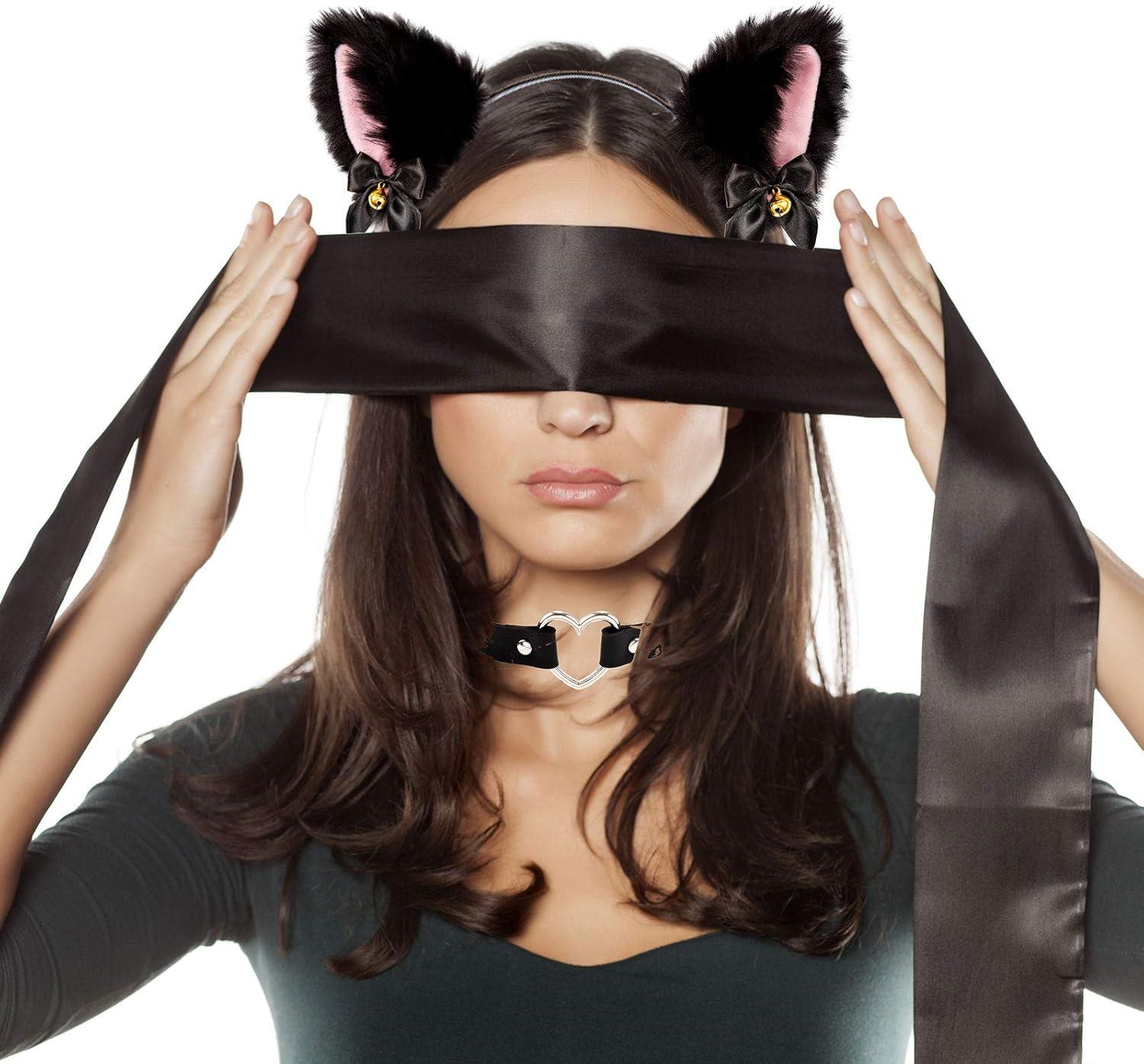 imageWhaline Black Cat Ear Headband with Bell Heart Chocker Necklace Girl Plush Furry Cat Ear Hair Band for Girl Women Adult Cosplay Party Fancy Dress Halloween Drama 2Pcs
