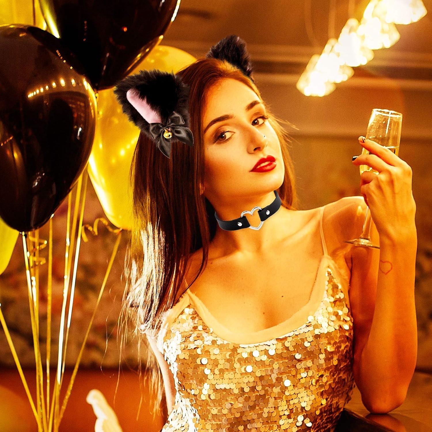 imageWhaline Black Cat Ear Headband with Bell Heart Chocker Necklace Girl Plush Furry Cat Ear Hair Band for Girl Women Adult Cosplay Party Fancy Dress Halloween Drama 2Pcs