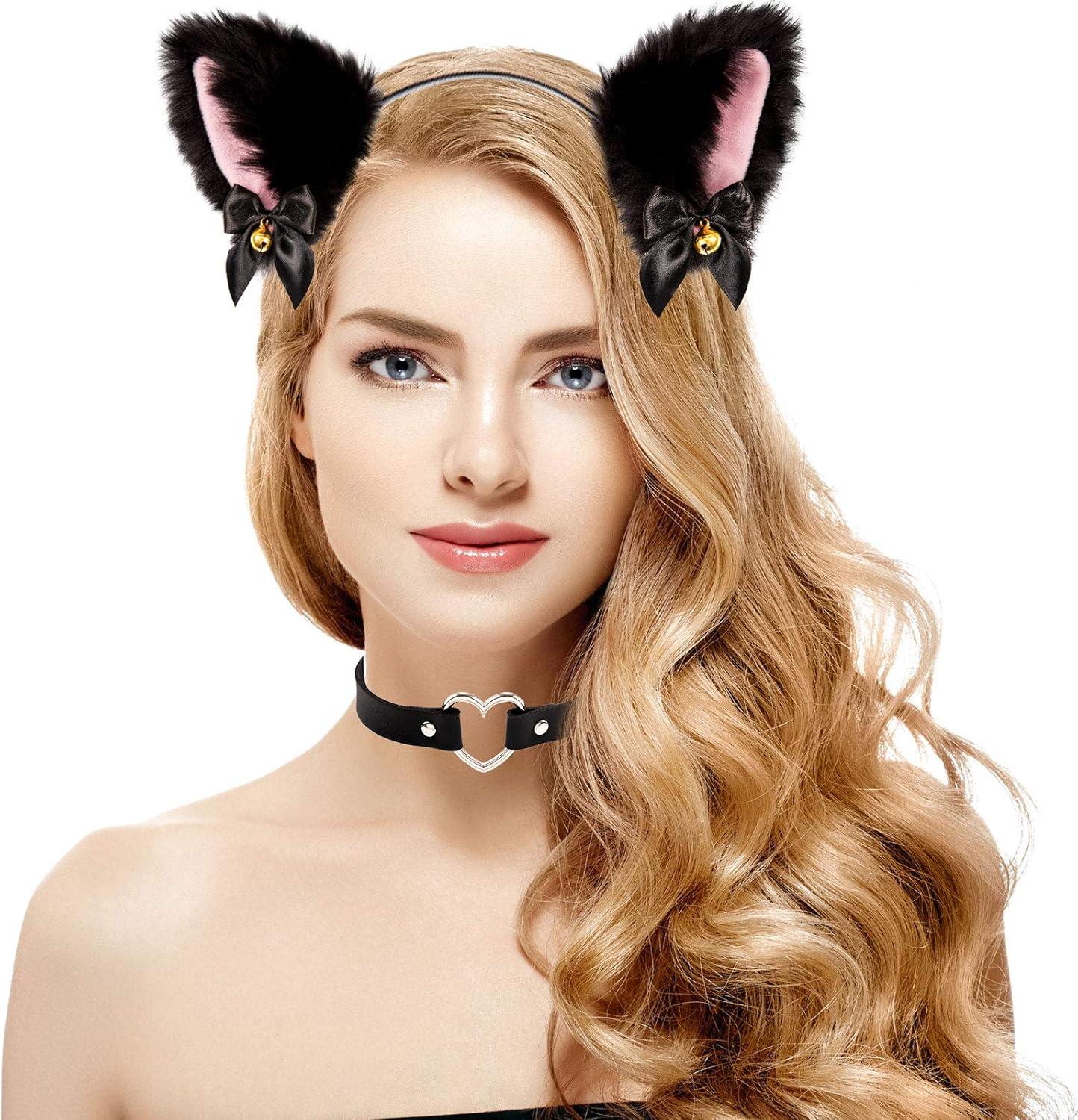 imageWhaline Black Cat Ear Headband with Bell Heart Chocker Necklace Girl Plush Furry Cat Ear Hair Band for Girl Women Adult Cosplay Party Fancy Dress Halloween Drama 2Pcs