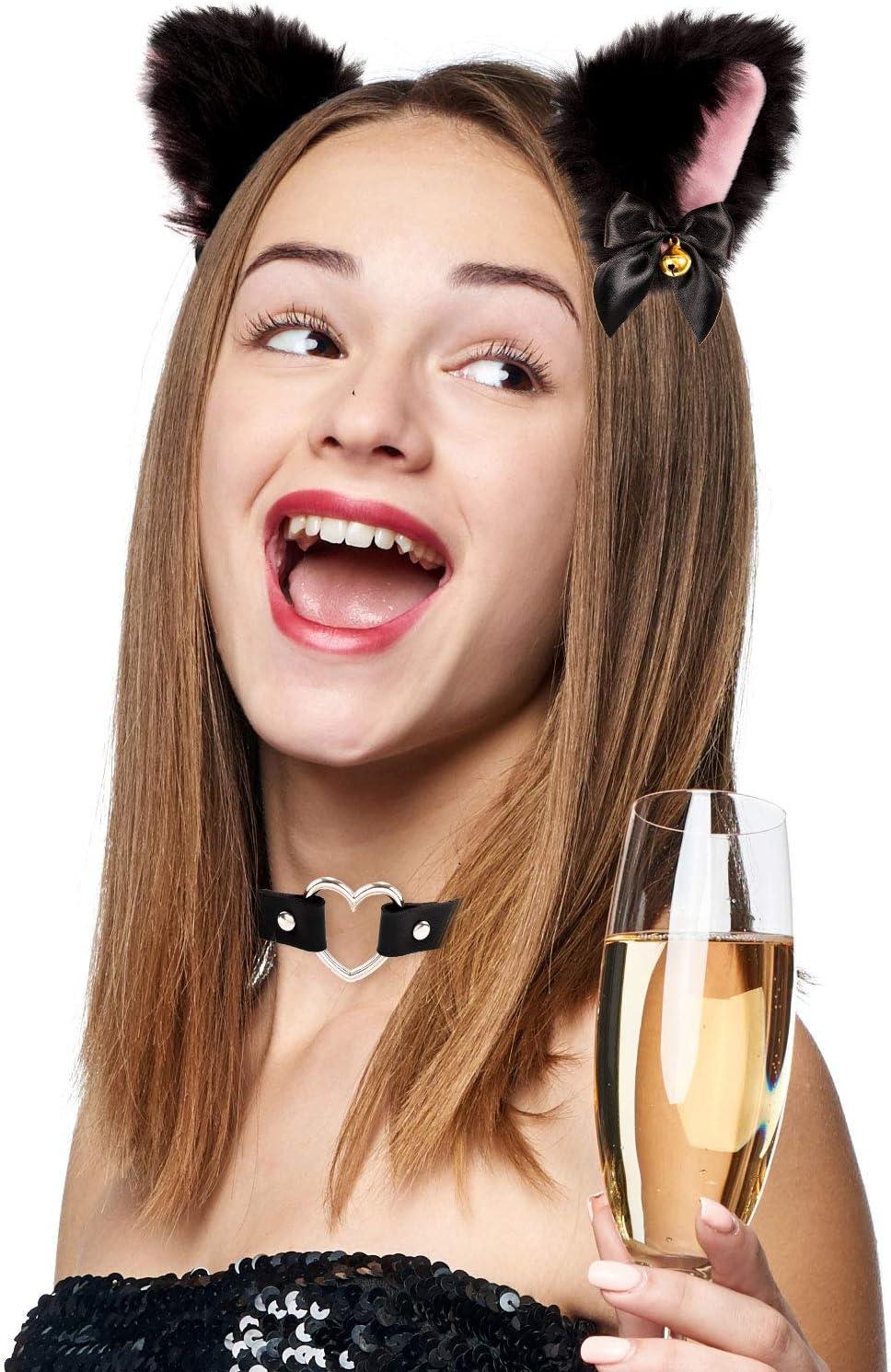 imageWhaline Black Cat Ear Headband with Bell Heart Chocker Necklace Girl Plush Furry Cat Ear Hair Band for Girl Women Adult Cosplay Party Fancy Dress Halloween Drama 2Pcs