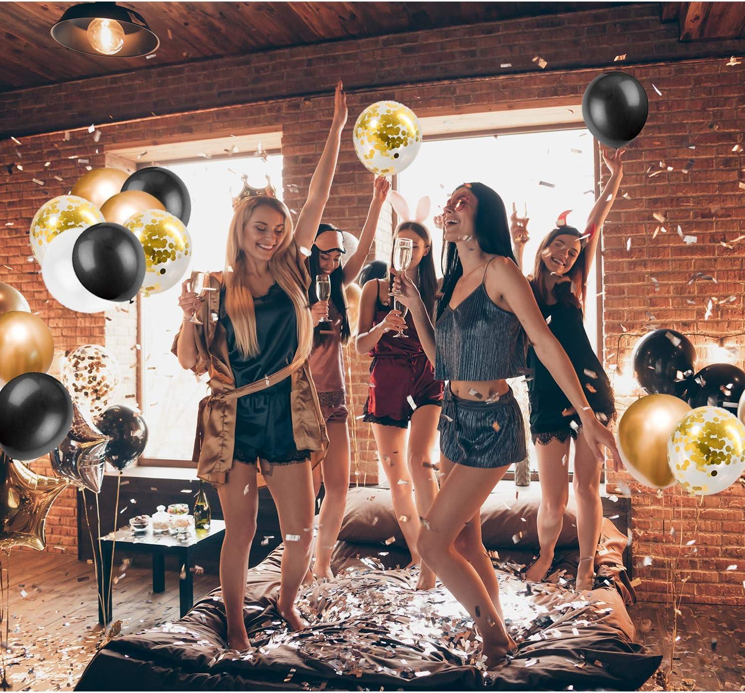 imageWhaline Black and Gold Balloons Garland Arch Kit 120Pcs Graduation Class Decoration Black White Metallic Gold Confetti Latex Balloons for Wedding Anniversary Birthday Christmas New Year Party