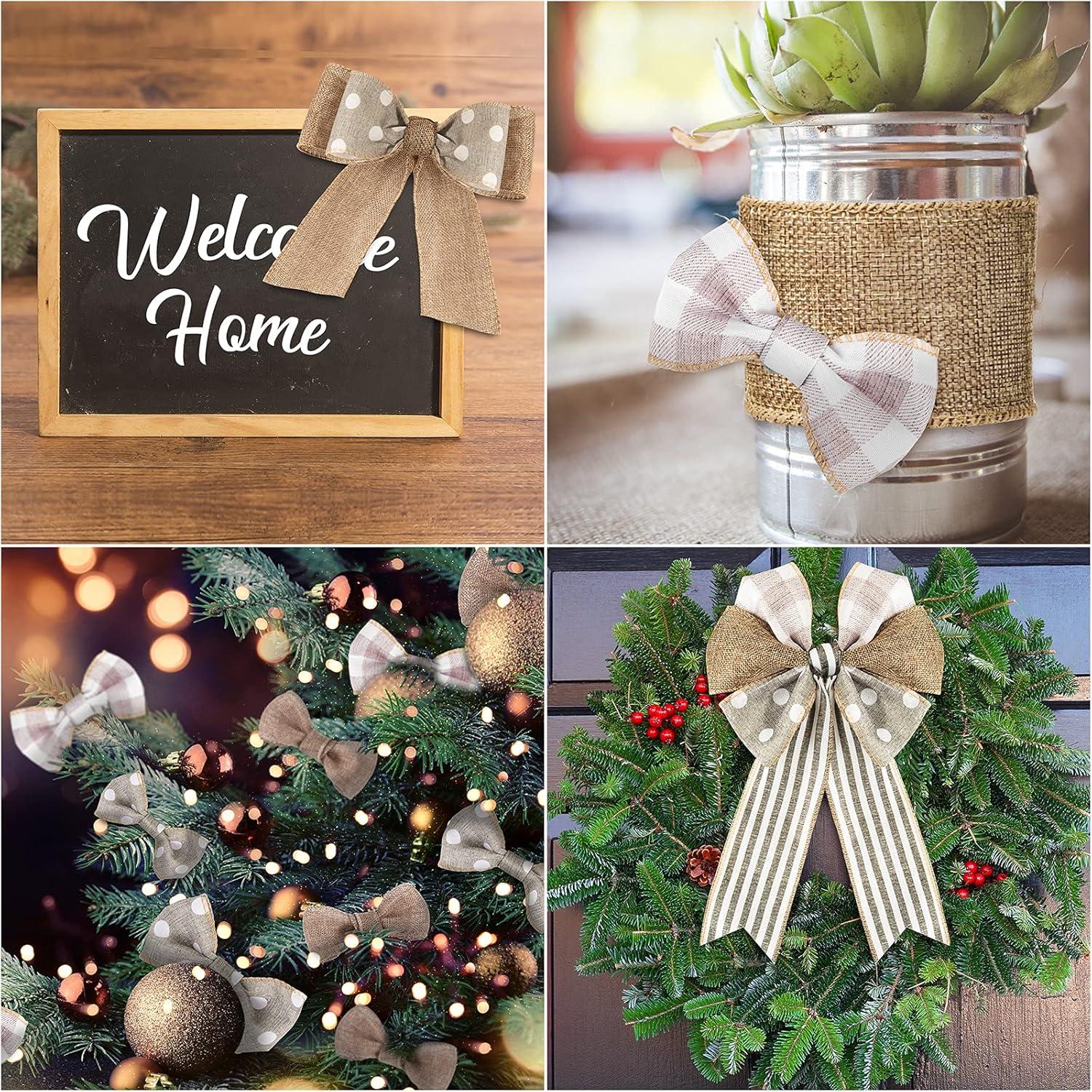 imageWhaline Farmhouse Wired Edge Ribbon 4 Rolls White Polka Dots Buffalo Plaid Stripe Ribbons Rustic Farmhouse Craft Ribbons for Spring Summer Wedding Wreaths Assorted DIY Gift Wrapping 25In x 20 Yard