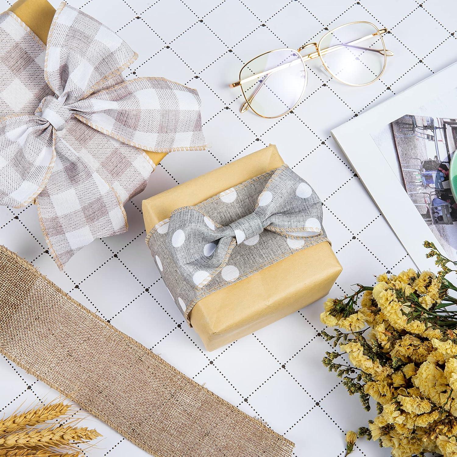 imageWhaline Farmhouse Wired Edge Ribbon 4 Rolls White Polka Dots Buffalo Plaid Stripe Ribbons Rustic Farmhouse Craft Ribbons for Spring Summer Wedding Wreaths Assorted DIY Gift Wrapping 25In x 20 Yard