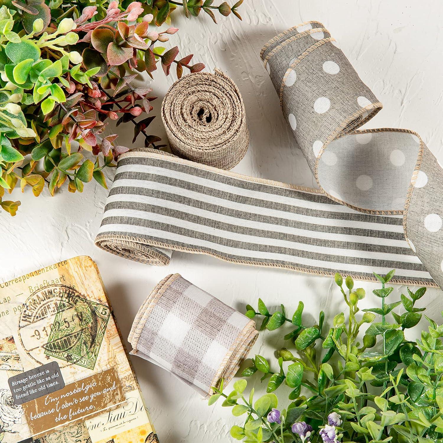 imageWhaline Farmhouse Wired Edge Ribbon 4 Rolls White Polka Dots Buffalo Plaid Stripe Ribbons Rustic Farmhouse Craft Ribbons for Spring Summer Wedding Wreaths Assorted DIY Gift Wrapping 25In x 20 Yard