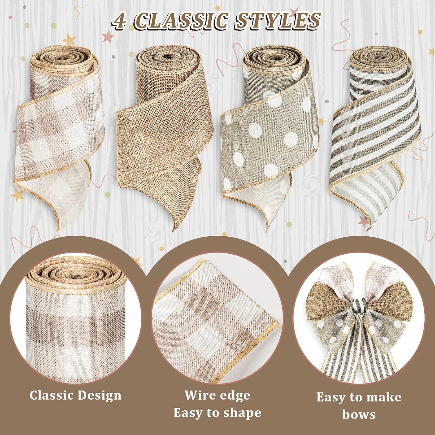 imageWhaline Farmhouse Wired Edge Ribbon 4 Rolls White Polka Dots Buffalo Plaid Stripe Ribbons Rustic Farmhouse Craft Ribbons for Spring Summer Wedding Wreaths Assorted DIY Gift Wrapping 25In x 20 Yard