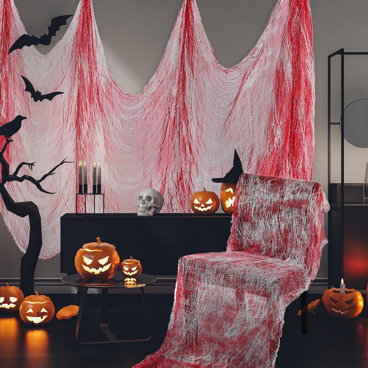 imageWhaline Halloween Creepy Cloth 328 x 25ft Decor Drape for Doorways Entryways Windows Cover Gauze for Haunted House Party WhiteRed