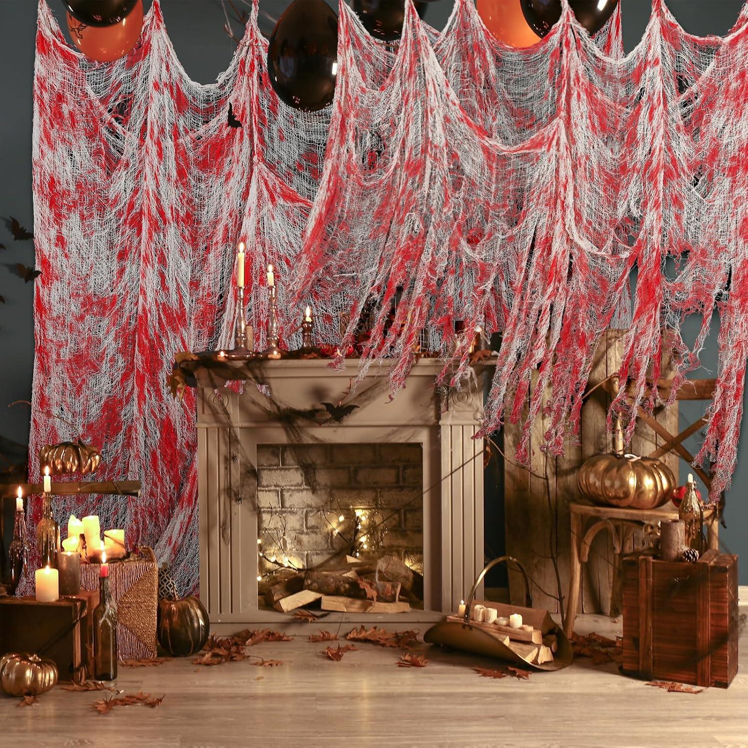 imageWhaline Halloween Creepy Cloth 328 x 25ft Decor Drape for Doorways Entryways Windows Cover Gauze for Haunted House Party WhiteRed