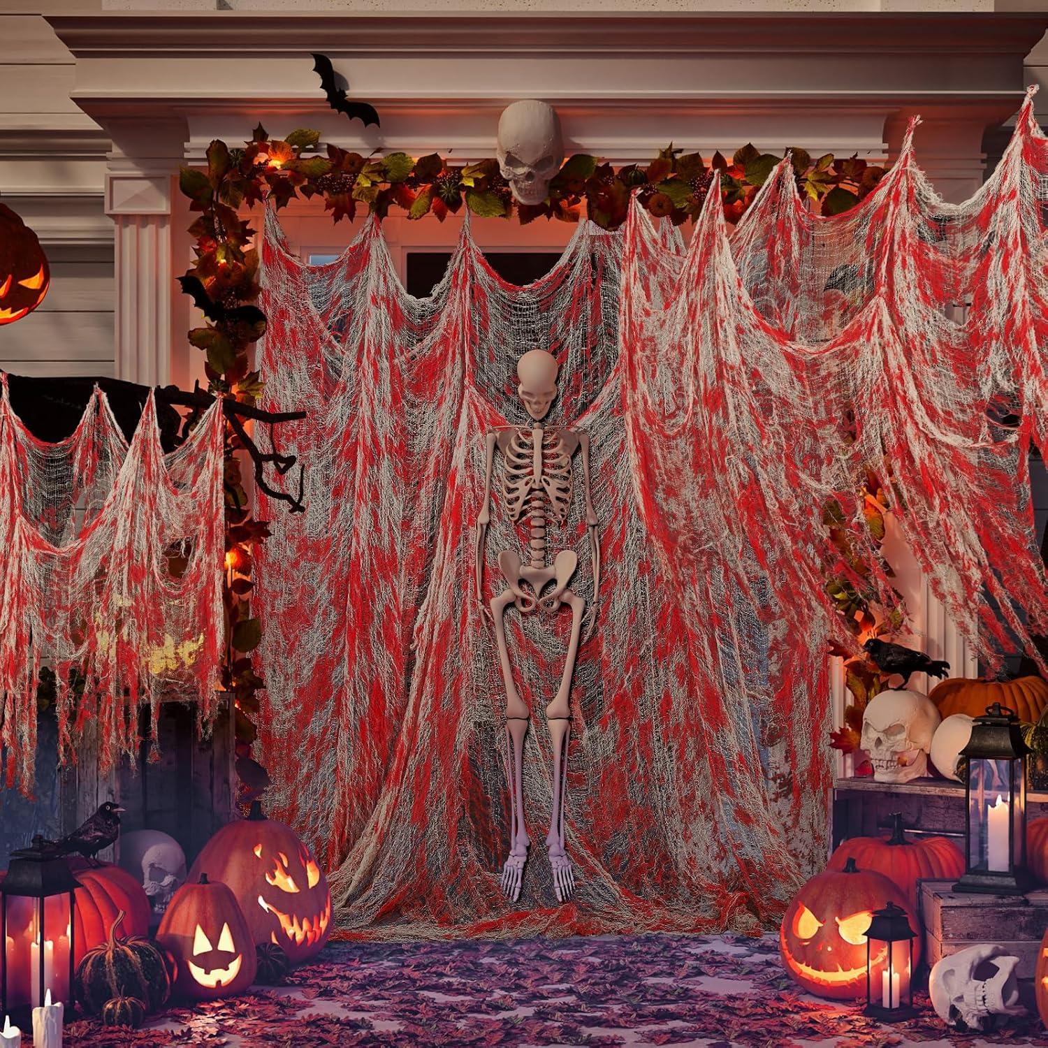 imageWhaline Halloween Creepy Cloth 328 x 25ft Decor Drape for Doorways Entryways Windows Cover Gauze for Haunted House Party WhiteRed