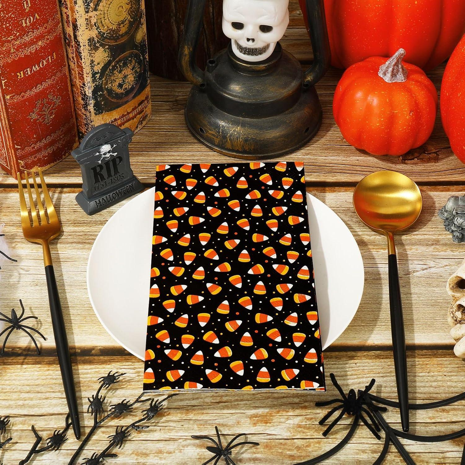 imageWhaline Halloween Guest Napkins 43x78 Inch Candy Corn Disposable Orange Black Hand Towel Paper Napkins for Dinner Party Supplies 80Pcs43 X 78inch
