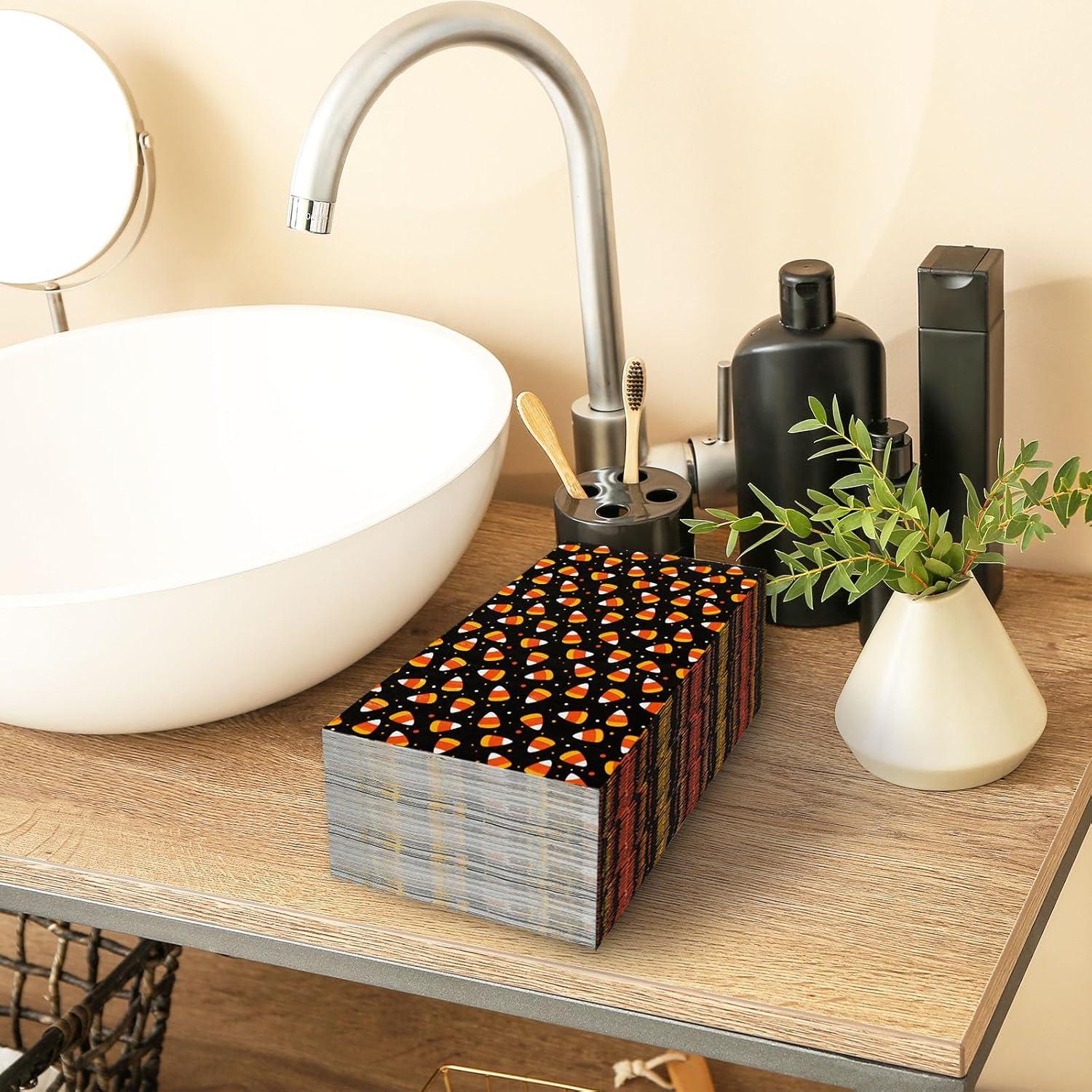 imageWhaline Halloween Guest Napkins 43x78 Inch Candy Corn Disposable Orange Black Hand Towel Paper Napkins for Dinner Party Supplies 80Pcs43 X 78inch