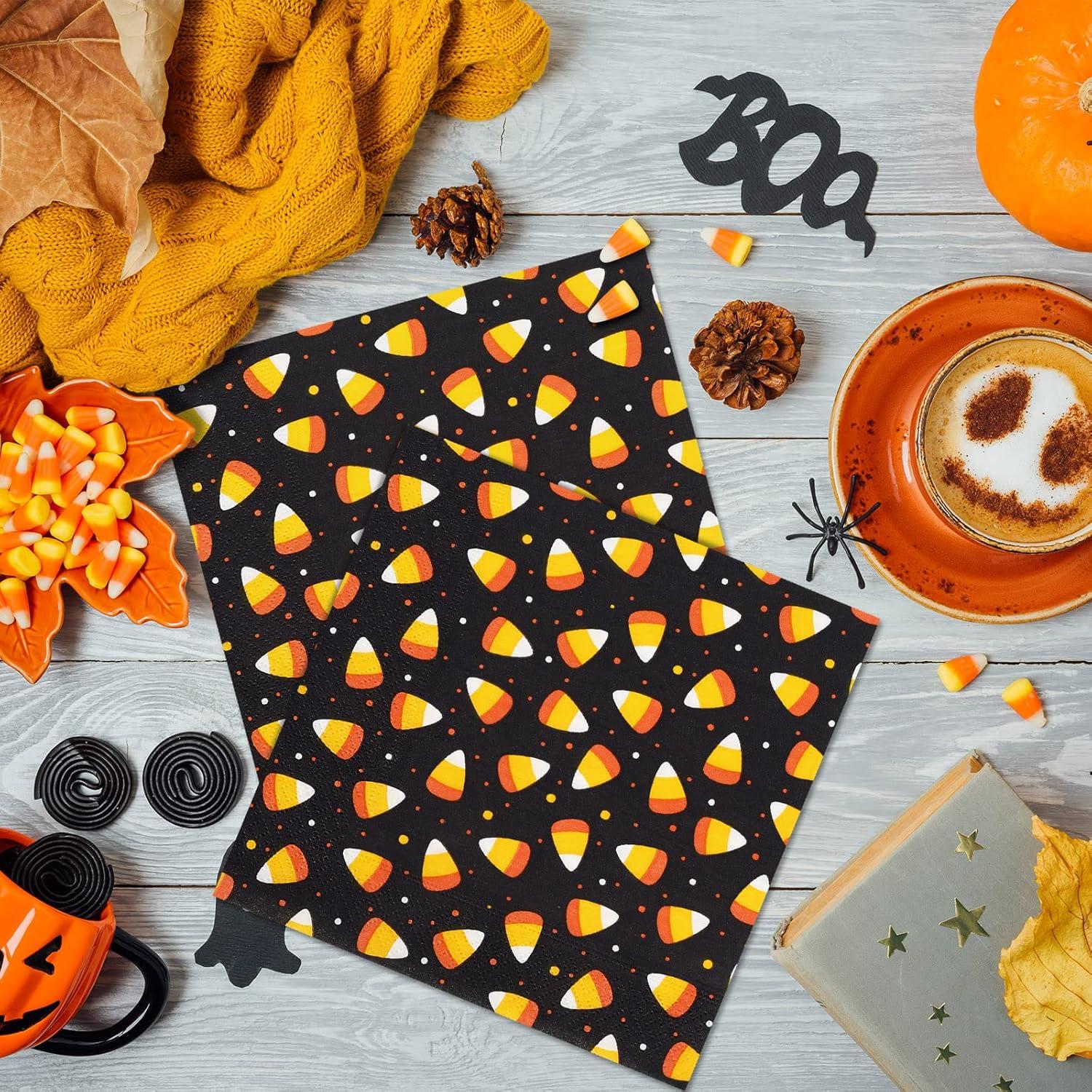 imageWhaline Halloween Guest Napkins 43x78 Inch Candy Corn Disposable Orange Black Hand Towel Paper Napkins for Dinner Party Supplies 80Pcs65X65inch