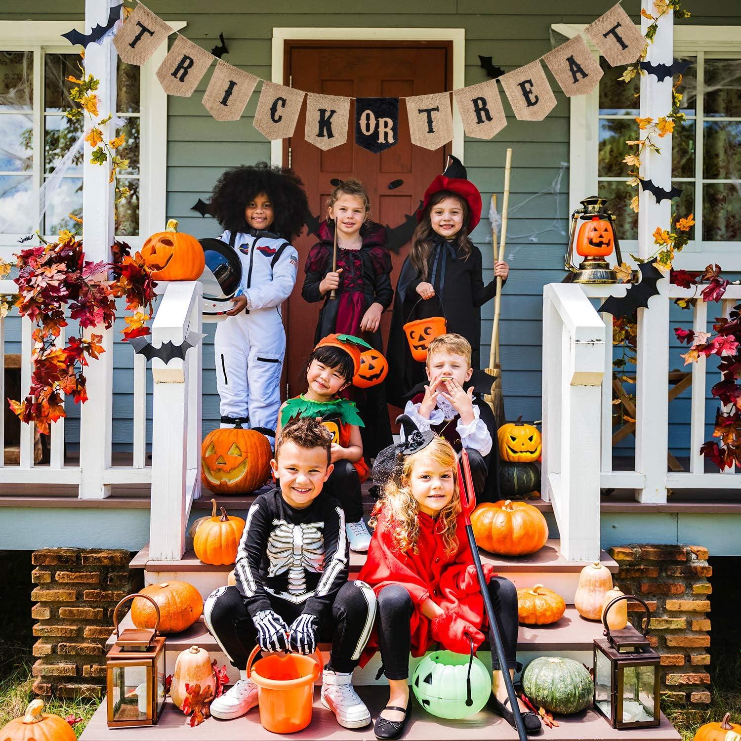 imageWhaline Halloween Trick or Treat Burlap Banner Hanging Banner Home Decor Bunting Flag Fireplace Garland Black Orange