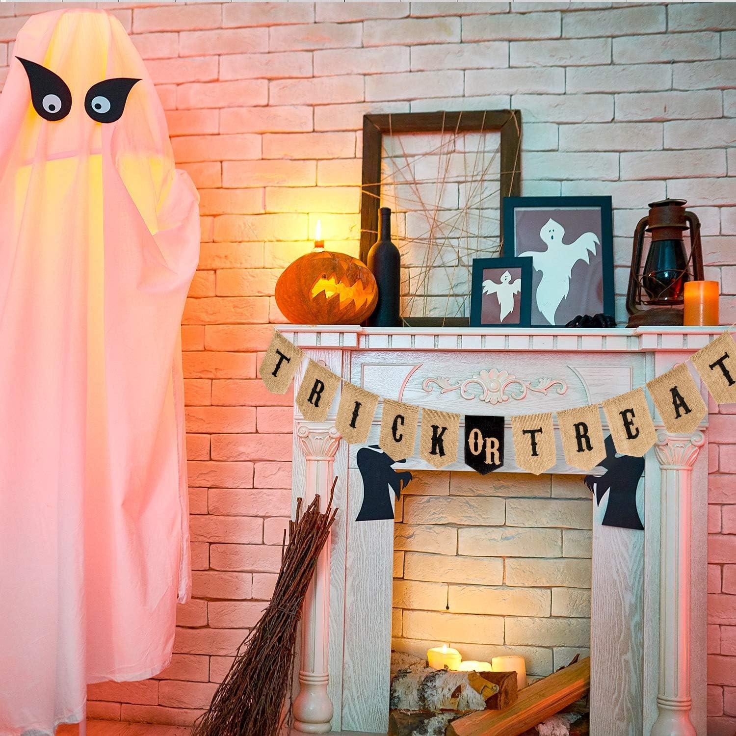 imageWhaline Halloween Trick or Treat Burlap Banner Hanging Banner Home Decor Bunting Flag Fireplace Garland Black Orange