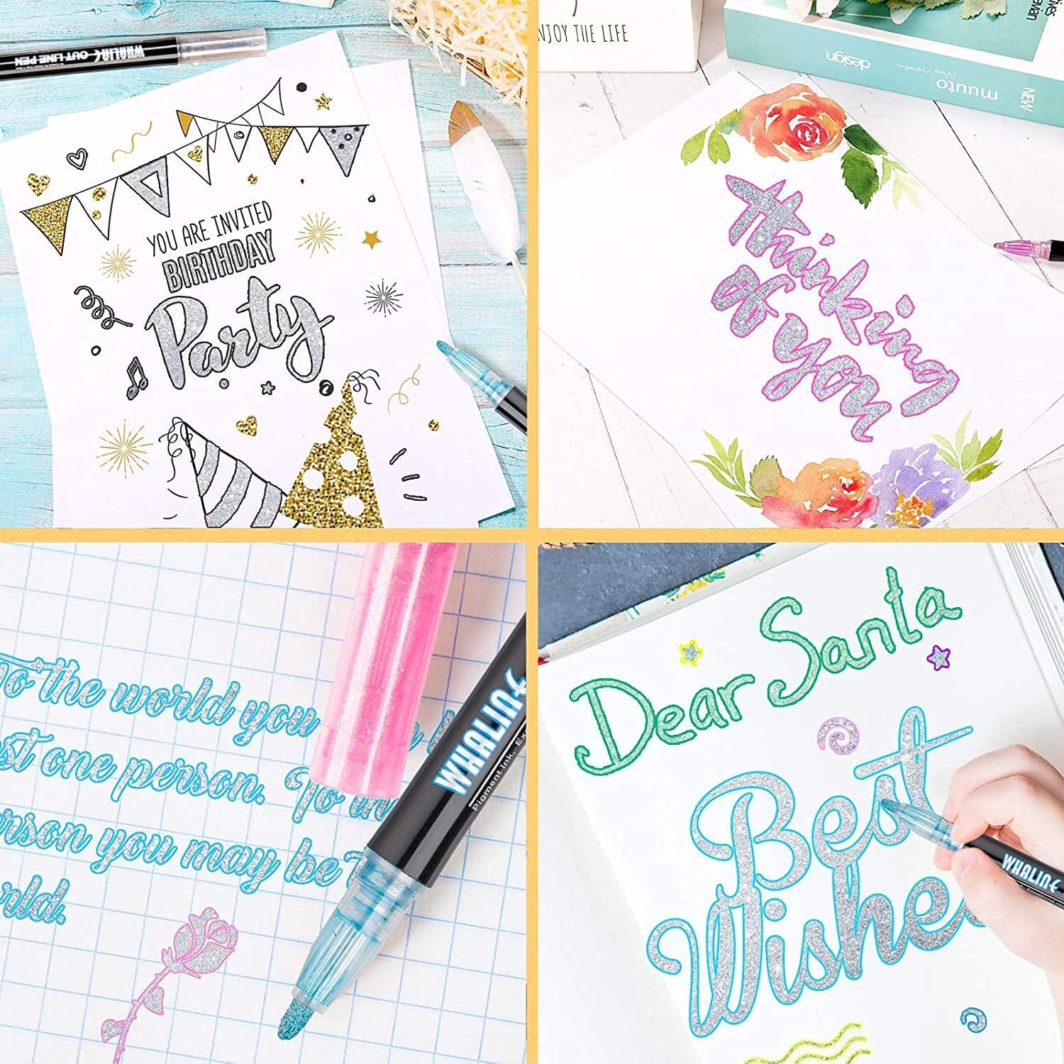 imageWhaline Outline Shimmer Markers 12 Colors Double Line Outline Pens Stocking Stuffers for Teen Girl Gifts Trendy Stuff Glitter Metallic Gel Pens for Birthday Christmas Card Journaling Drawing Crafting