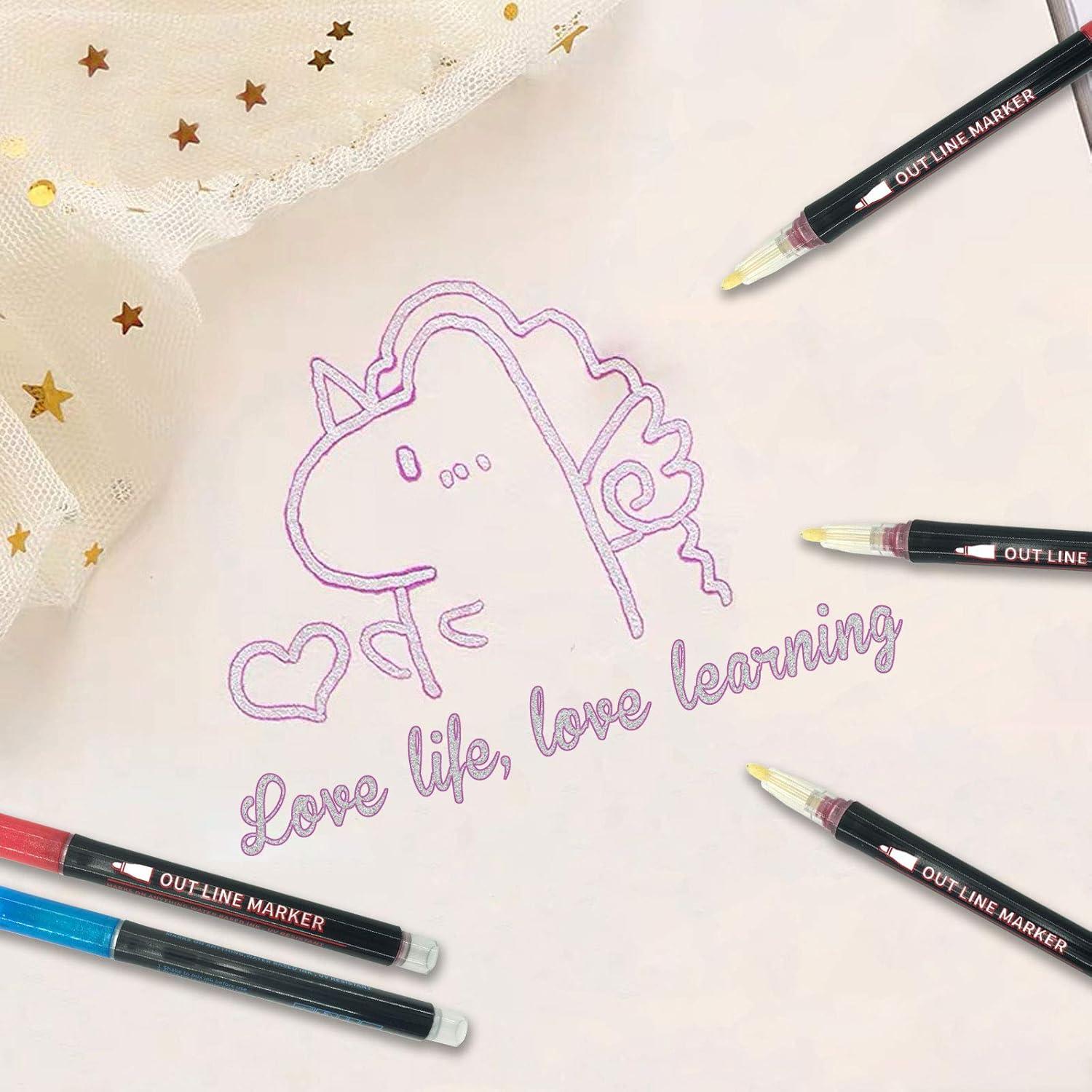 imageWhaline Outline Shimmer Markers 12 Colors Double Line Outline Pens Stocking Stuffers for Teen Girl Gifts Trendy Stuff Glitter Metallic Gel Pens for Birthday Christmas Card Journaling Drawing Crafting