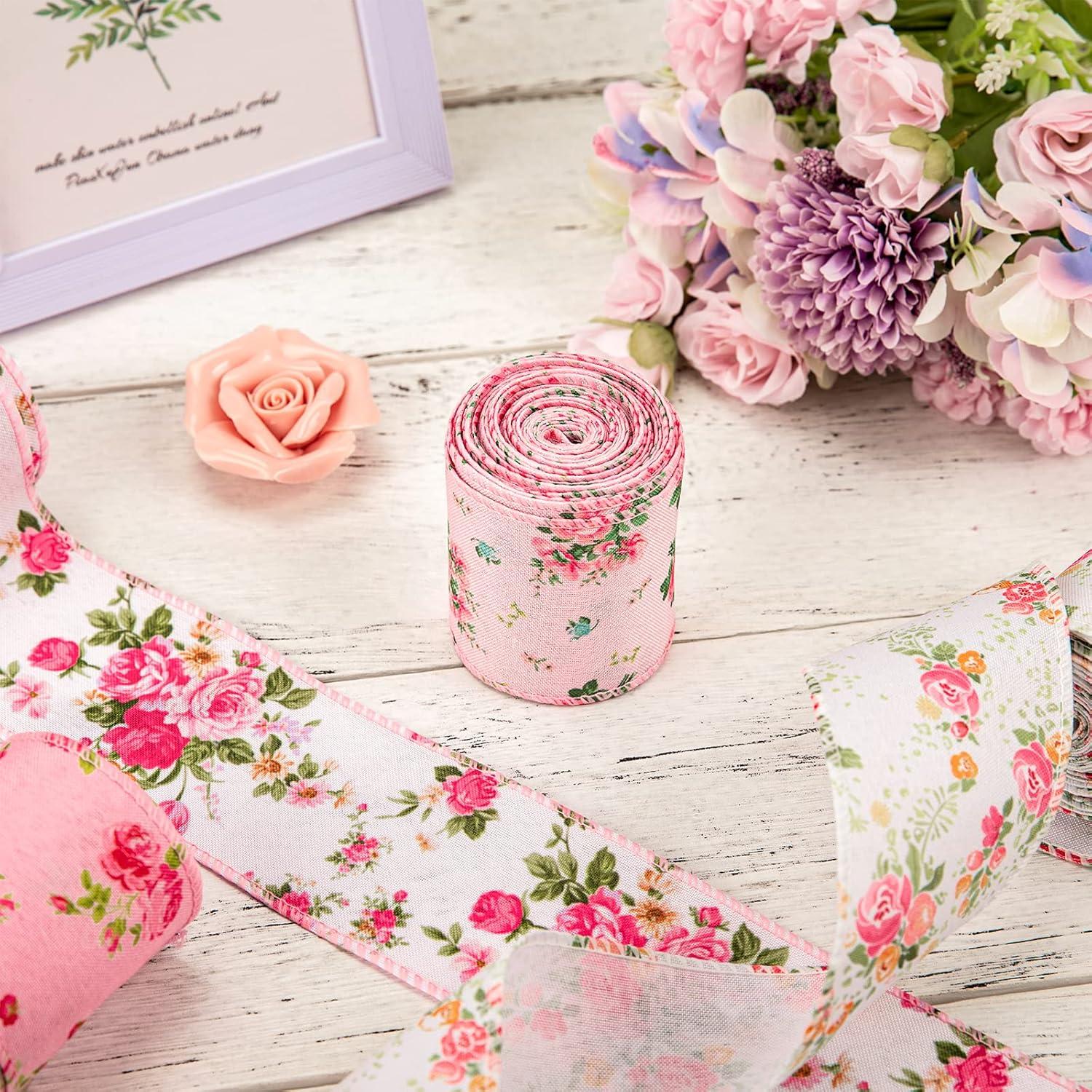 imageWhaline Pink Floral Wired Edge Ribbon 4 Rolls Rose Flower Pattern Ribbon Spring Summer Fabric Decorative Craft Ribbons for Mothers Day Gift Wrapping Hair Bow Sewing Wreath Crafts 20 Yard x 25 Inch